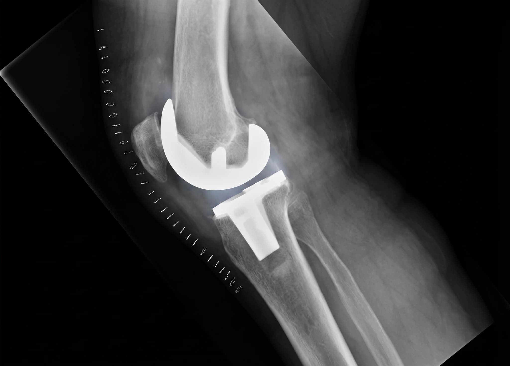 Röntgenbild av ett knä med en total knäprotes, som visar implantatet och benstrukturen.