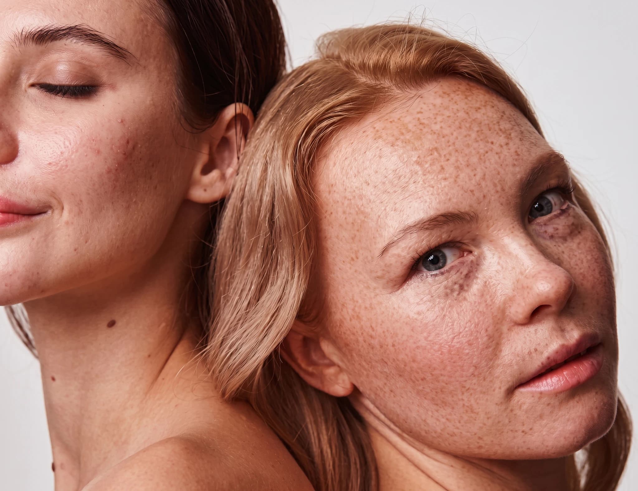 Två kvinnor med olika hudtyper och texturer, fotograferade rygg mot rygg i en studio.
