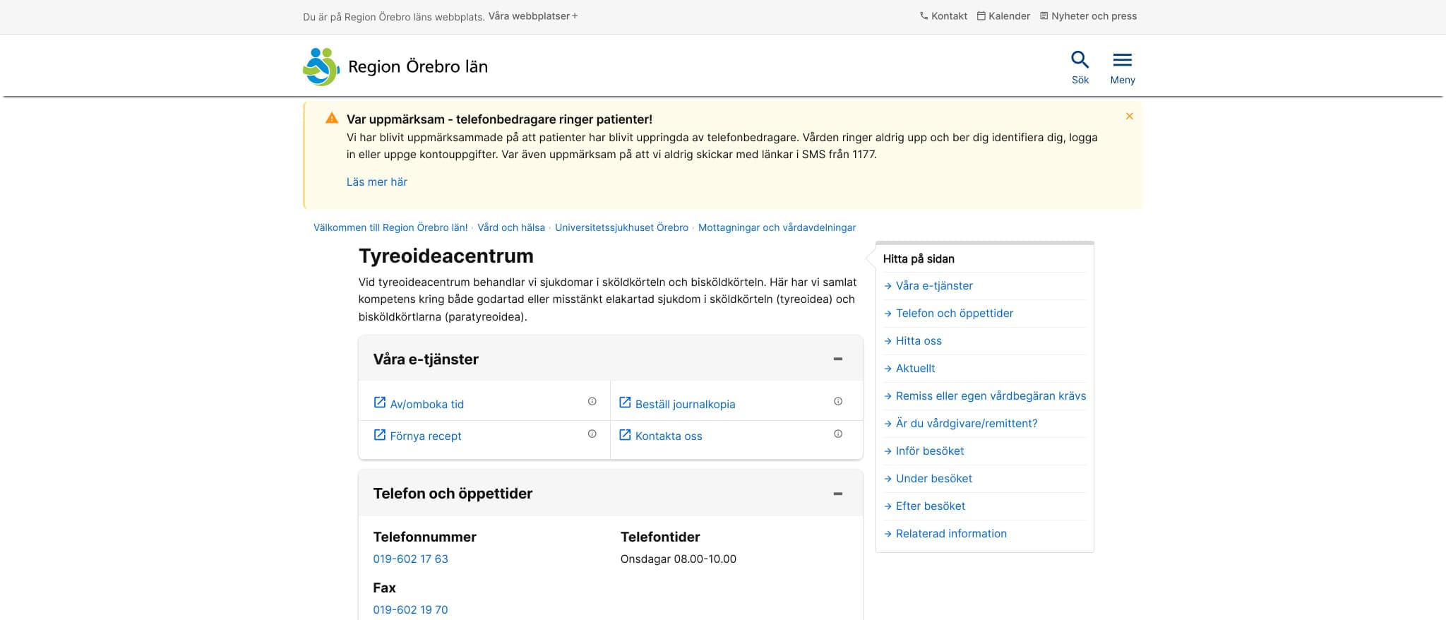 Skärmbild av webbplatsen för Tyreoideacentrum