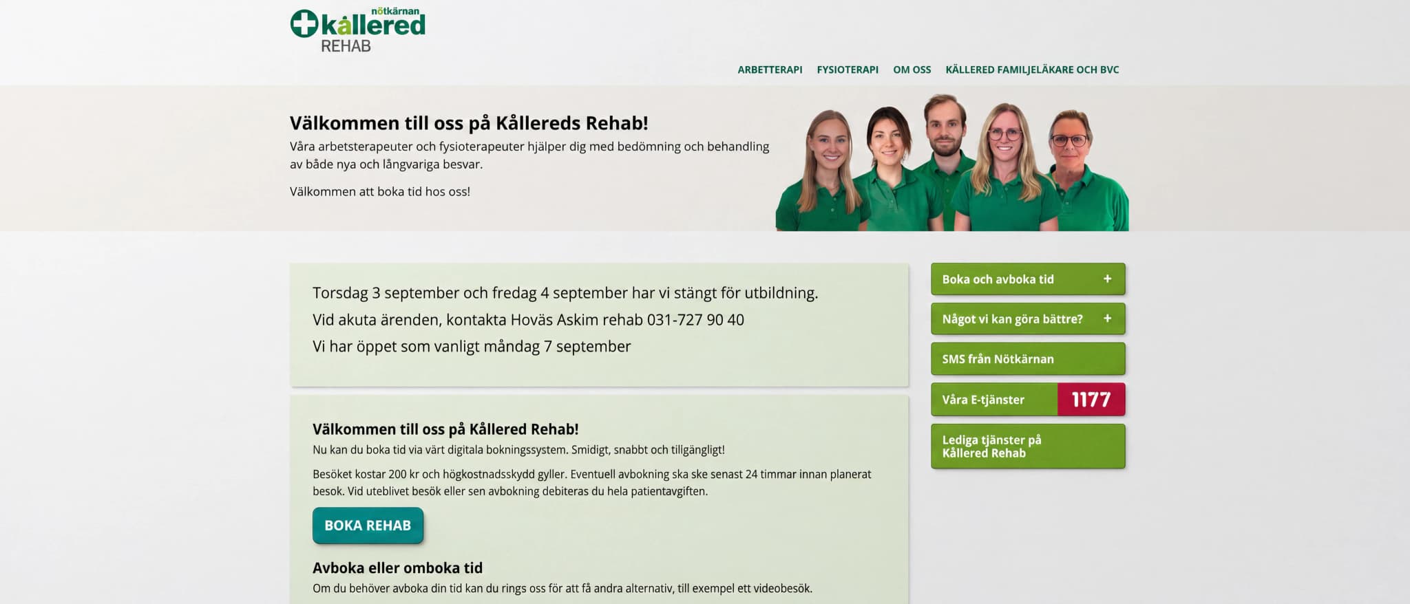 Skärmbild av webbplatsen för Kållered Rehab