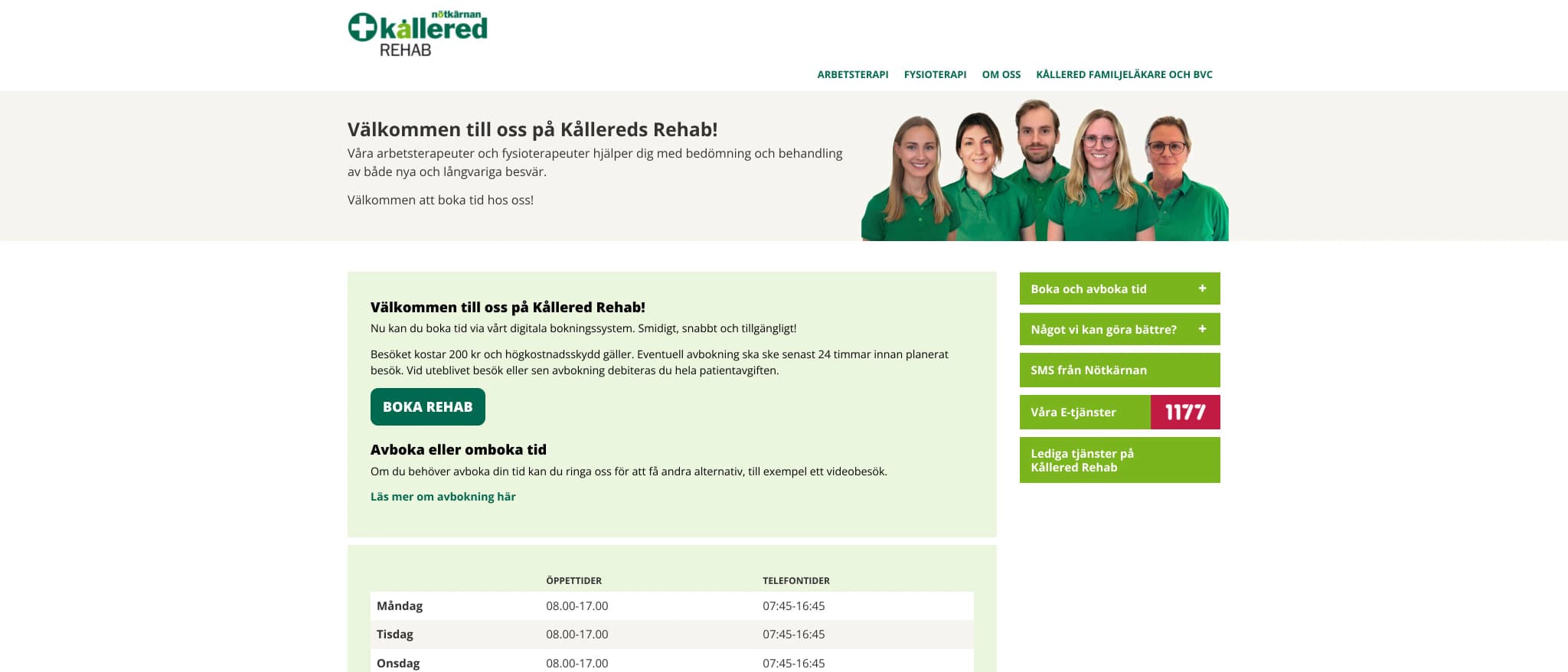Skärmbild av webbplatsen för Kållered Rehab