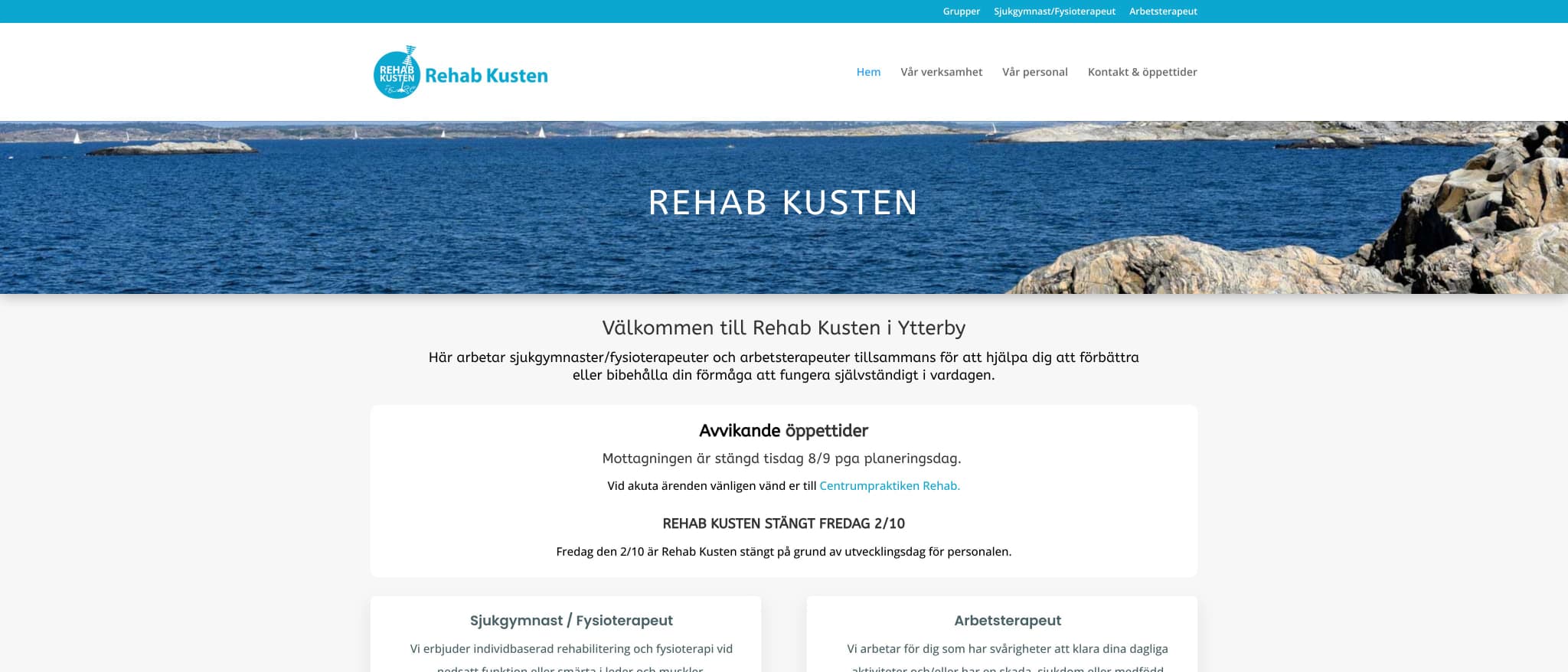 Skärmbild av webbplatsen för Rehab Kusten