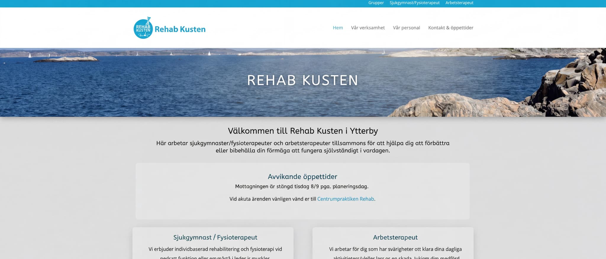 Skärmbild av webbplatsen för Rehab Kusten