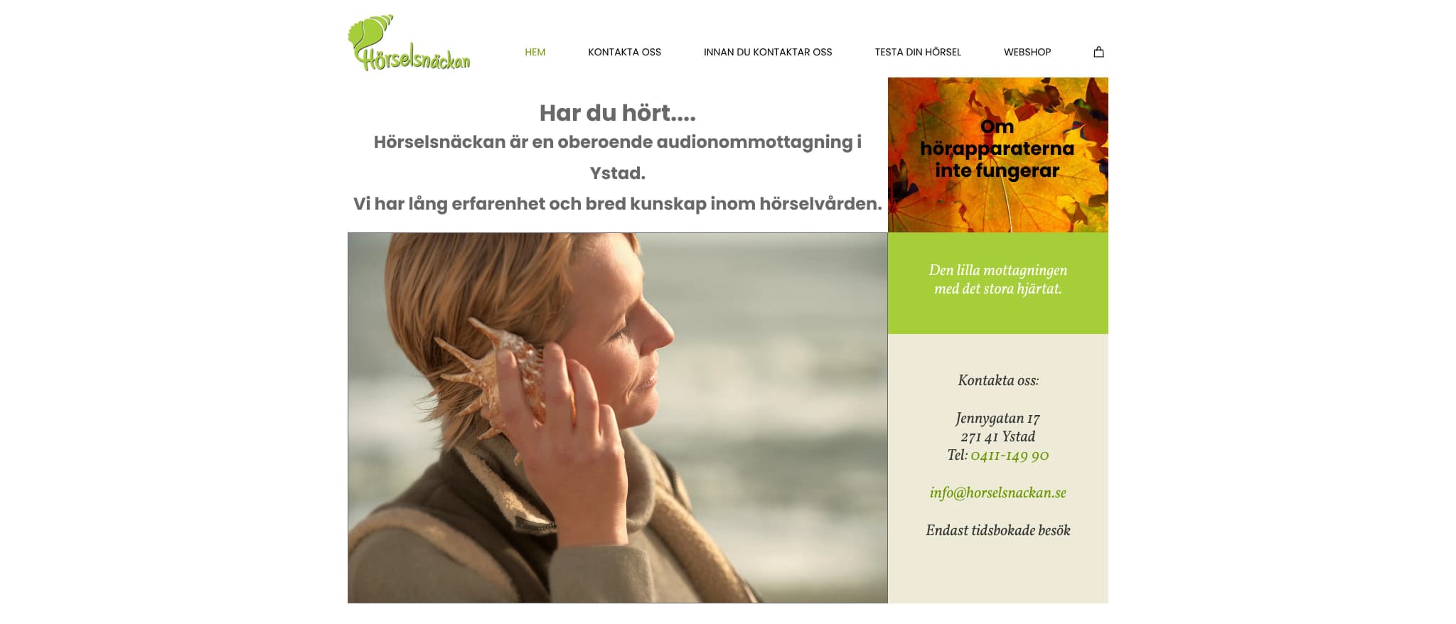 Skärmbild av webbplatsen för Hörselsnäckan Ystad