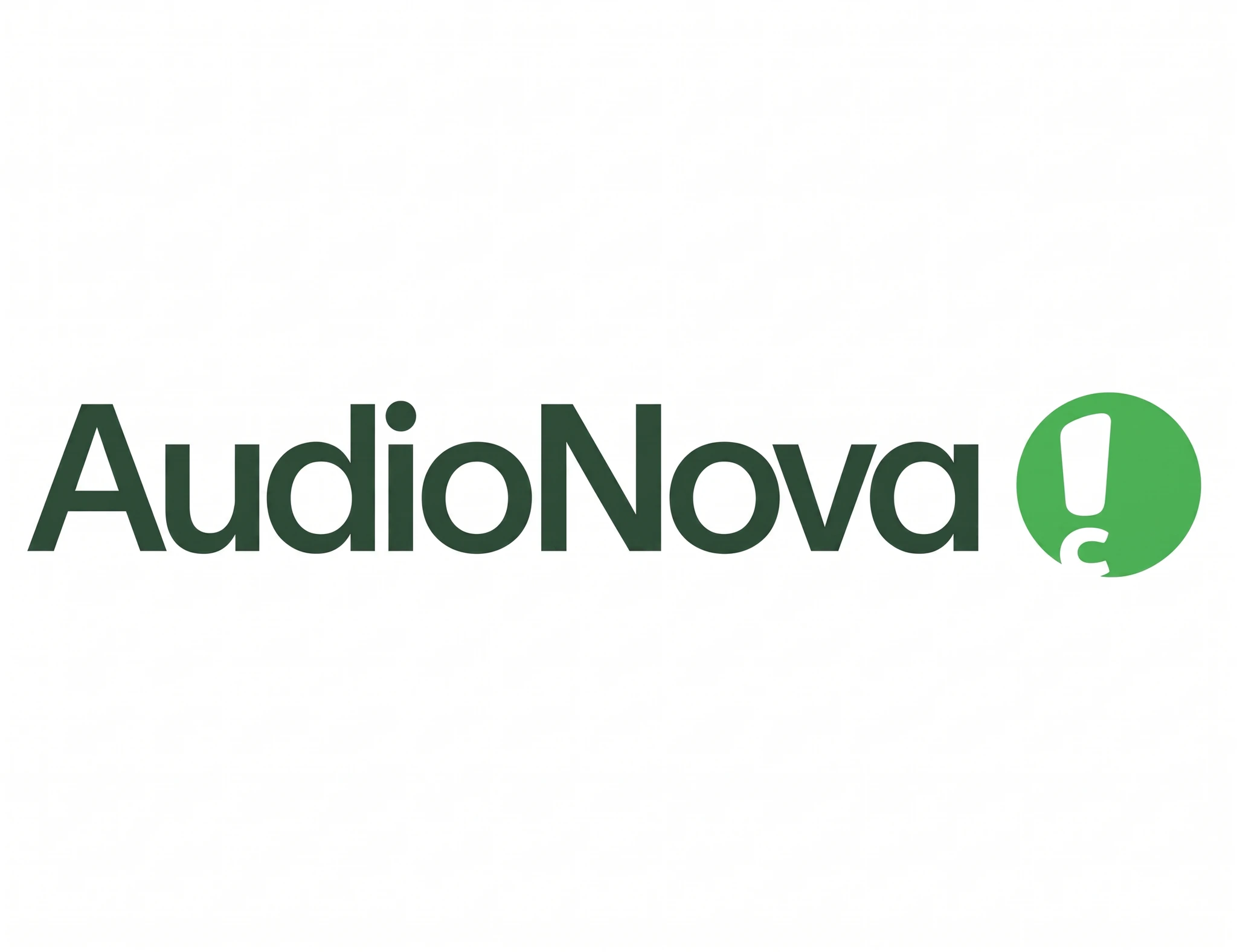 AudioNova logotyp med ett utropstecken inuti en grön cirkel.