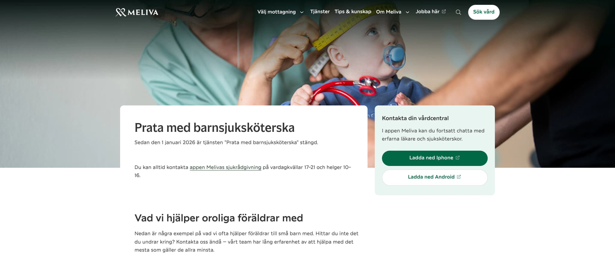 Skärmbild av webbplatsen för Barnens Meliva