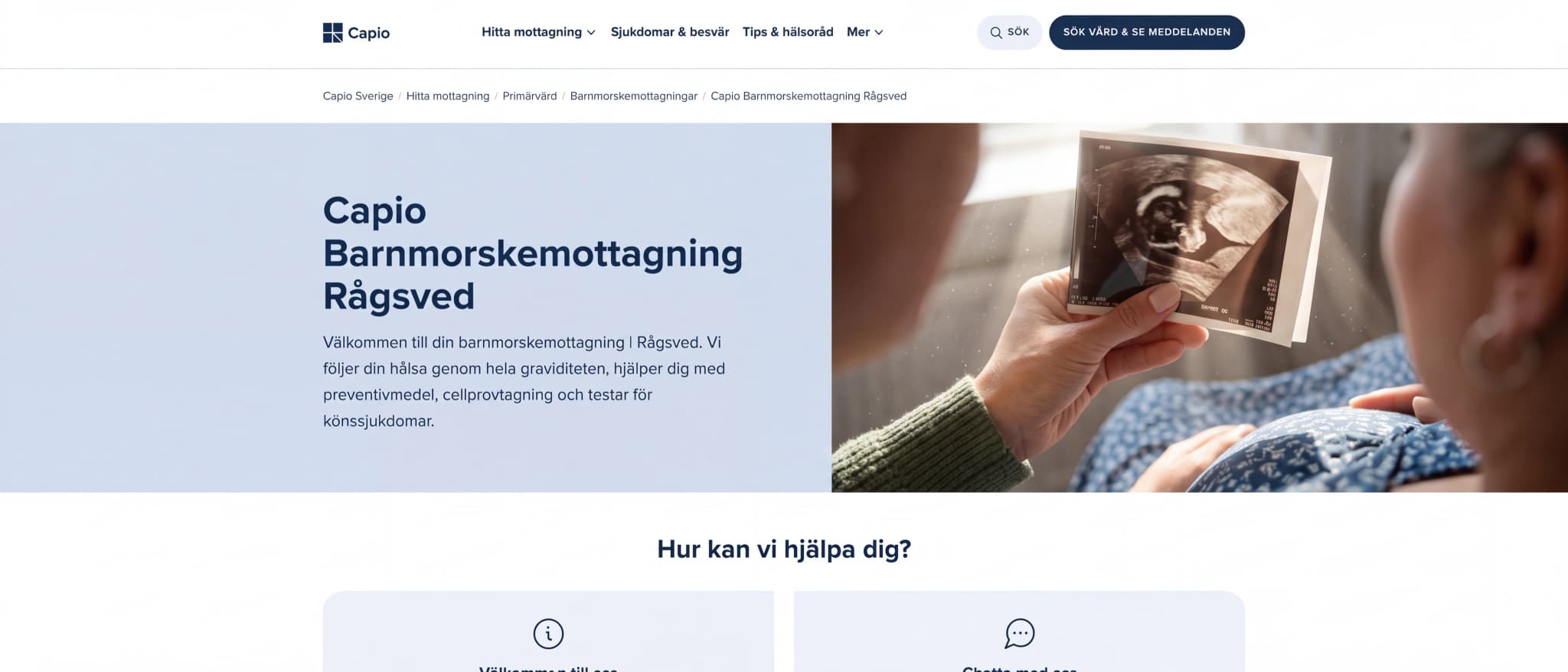 Skärmbild av webbplatsen för Capio BMM Rågsved