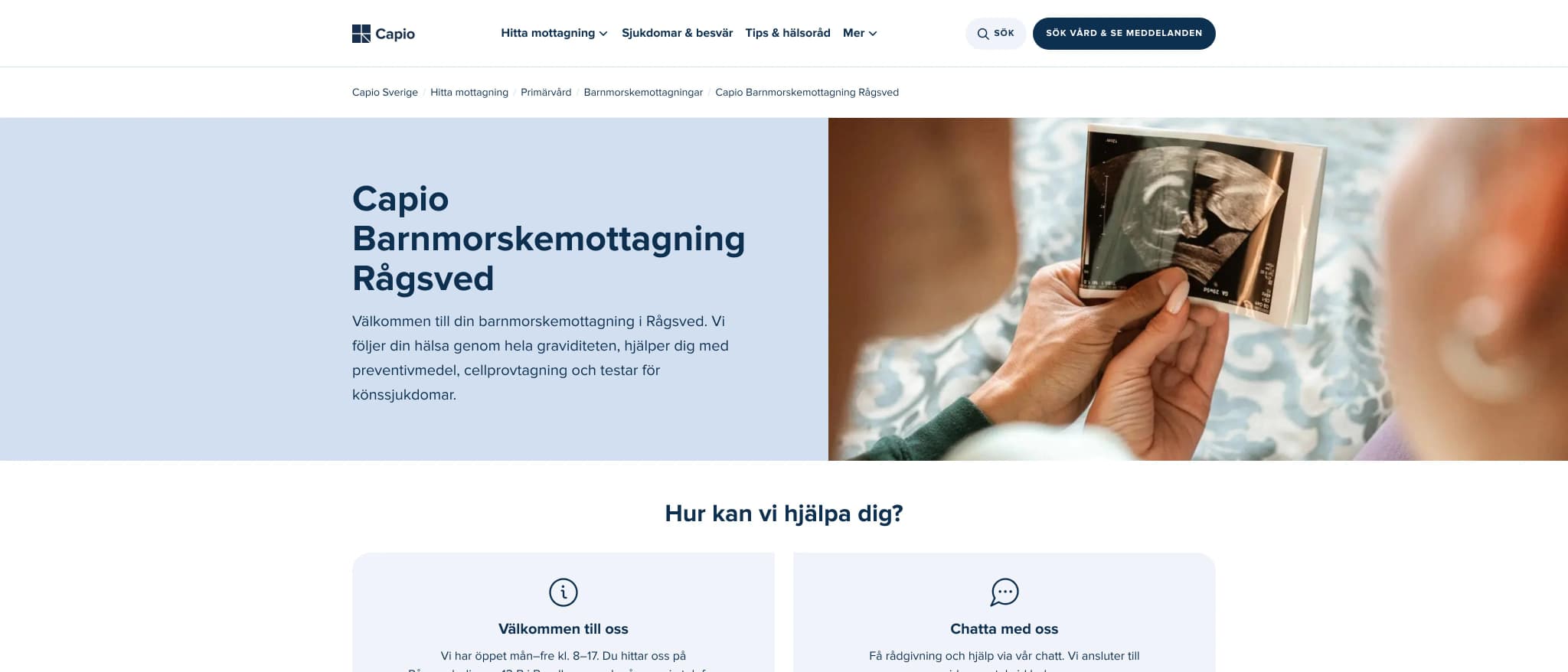 Skärmbild av webbplatsen för Capio BMM Rågsved
