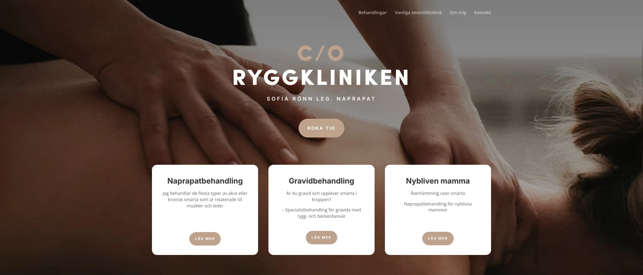Skärmbild av webbplatsen för C/O Ryggkliniken