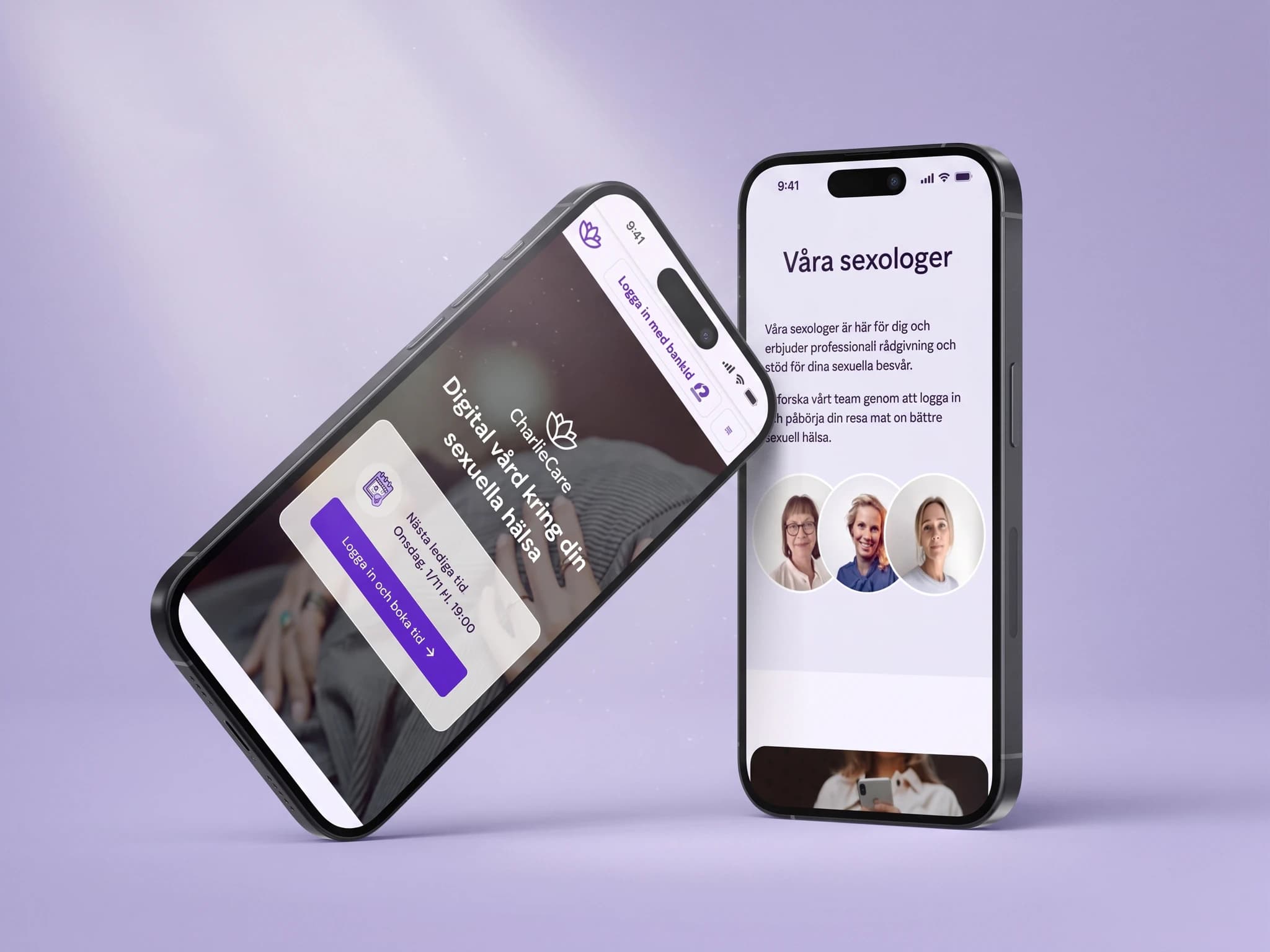 Två mobiltelefoner visar en app för sexologisk vård, en med information om att logga in och boka tid, och den andra med en presentation av teamet av sexologer.