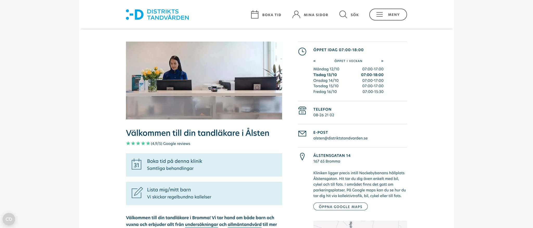 Skärmbild av webbplatsen för Distriktstandvården Ålsten