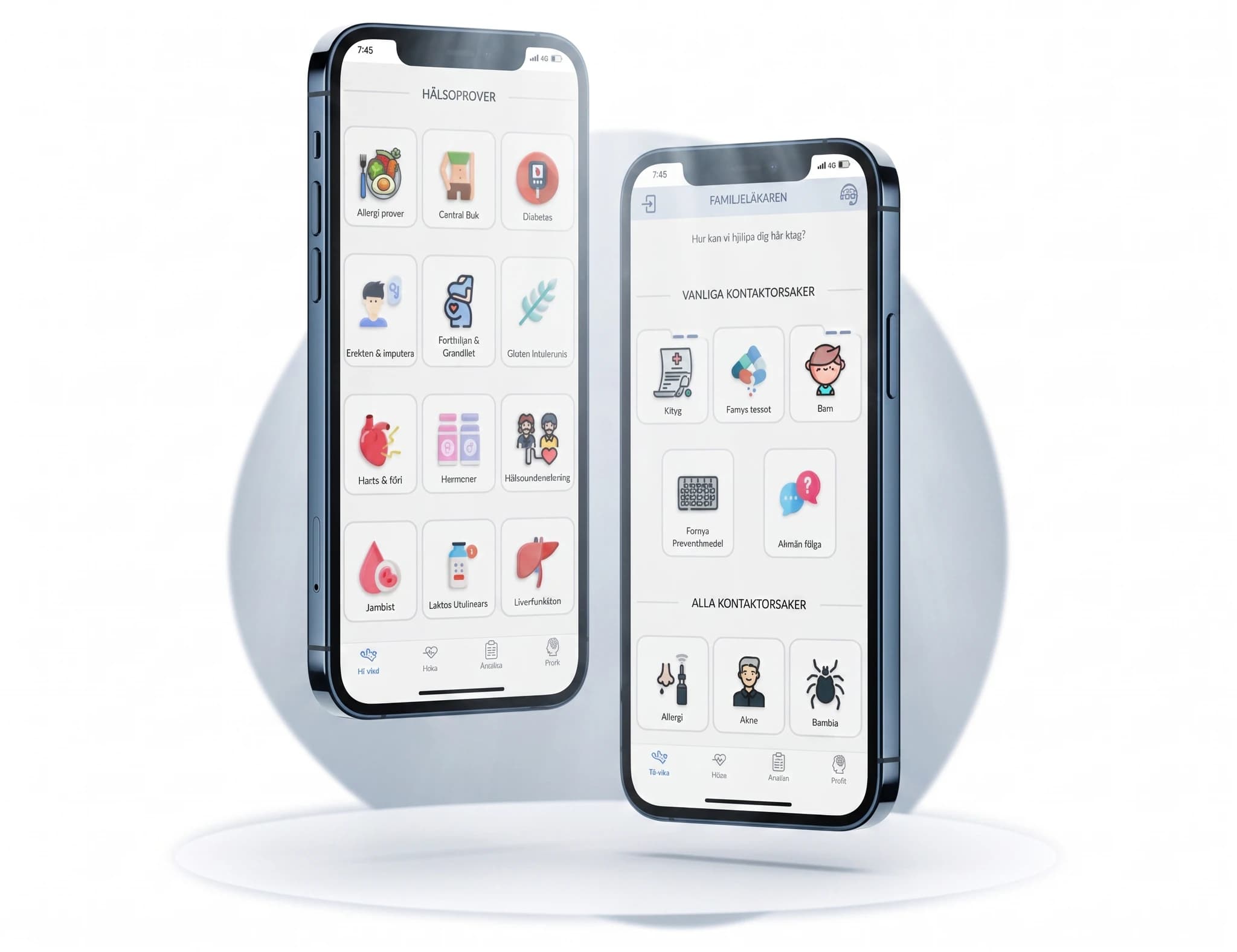 Två mobiltelefoner som visar en app med olika medicinska kategorier och kontaktorsaker.
