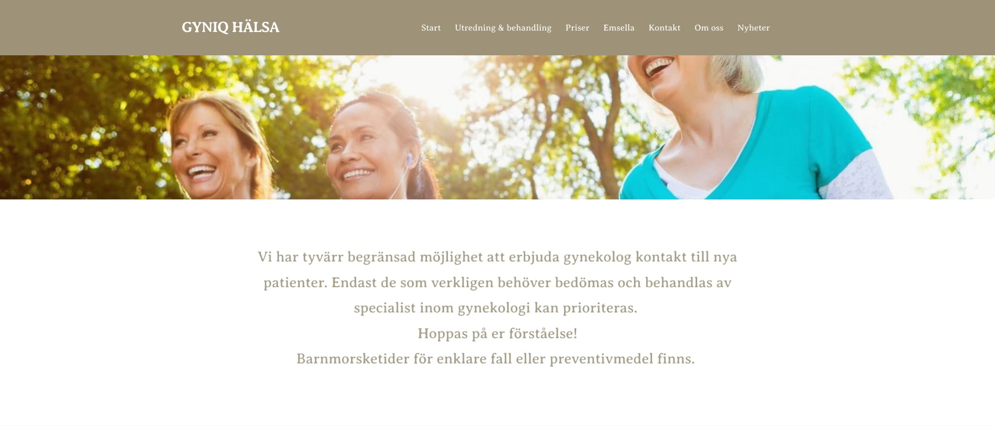 Skärmbild av webbplatsen för GYNIQ HÄLSA, Varberg