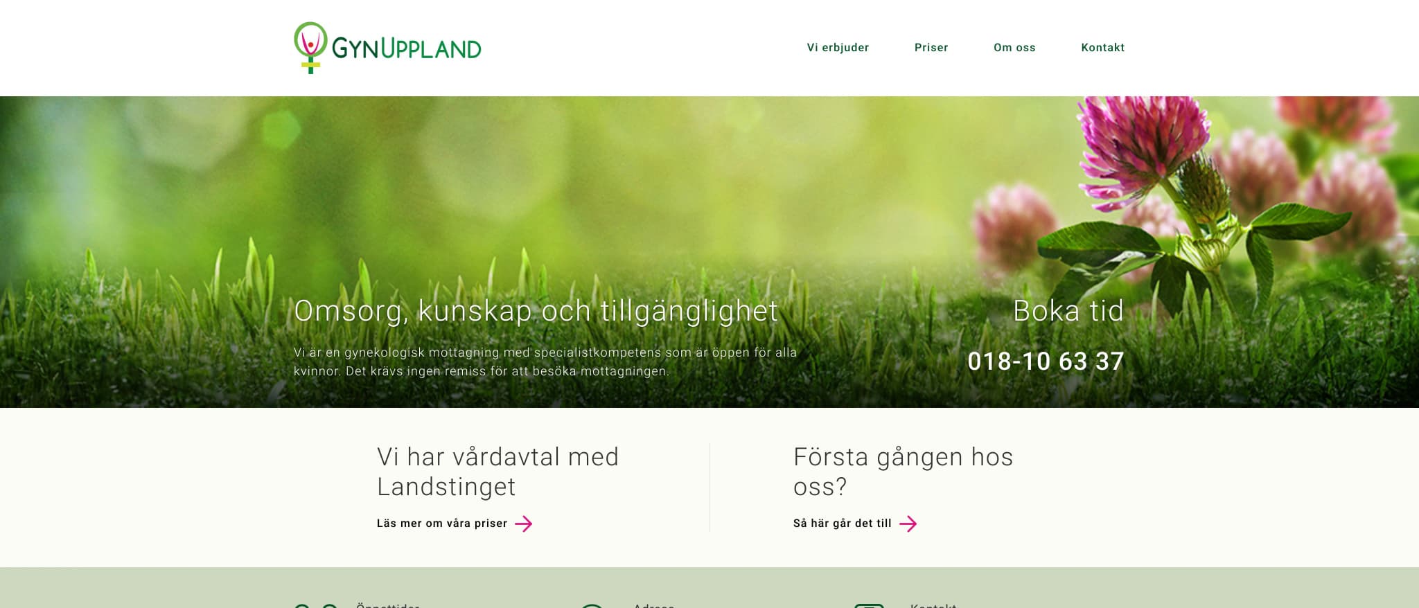 Skärmbild av webbplatsen för GynUppland, Uppsala