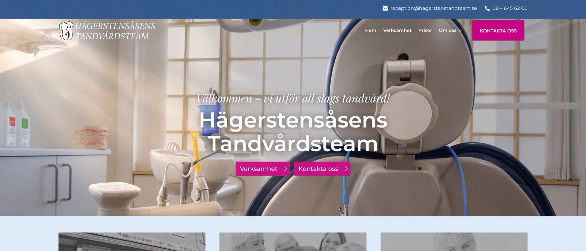 Skärmbild av webbplatsen för Hägerstensåsens Tandteam