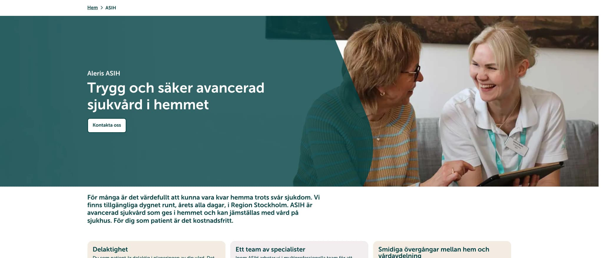 Skärmbild av webbplatsen för Aleris ASIH Väsby