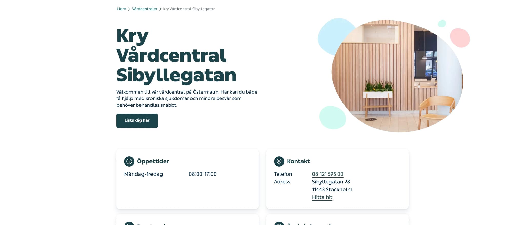 Skärmbild av webbplatsen för Kry Vårdcentral Sibyllegatan