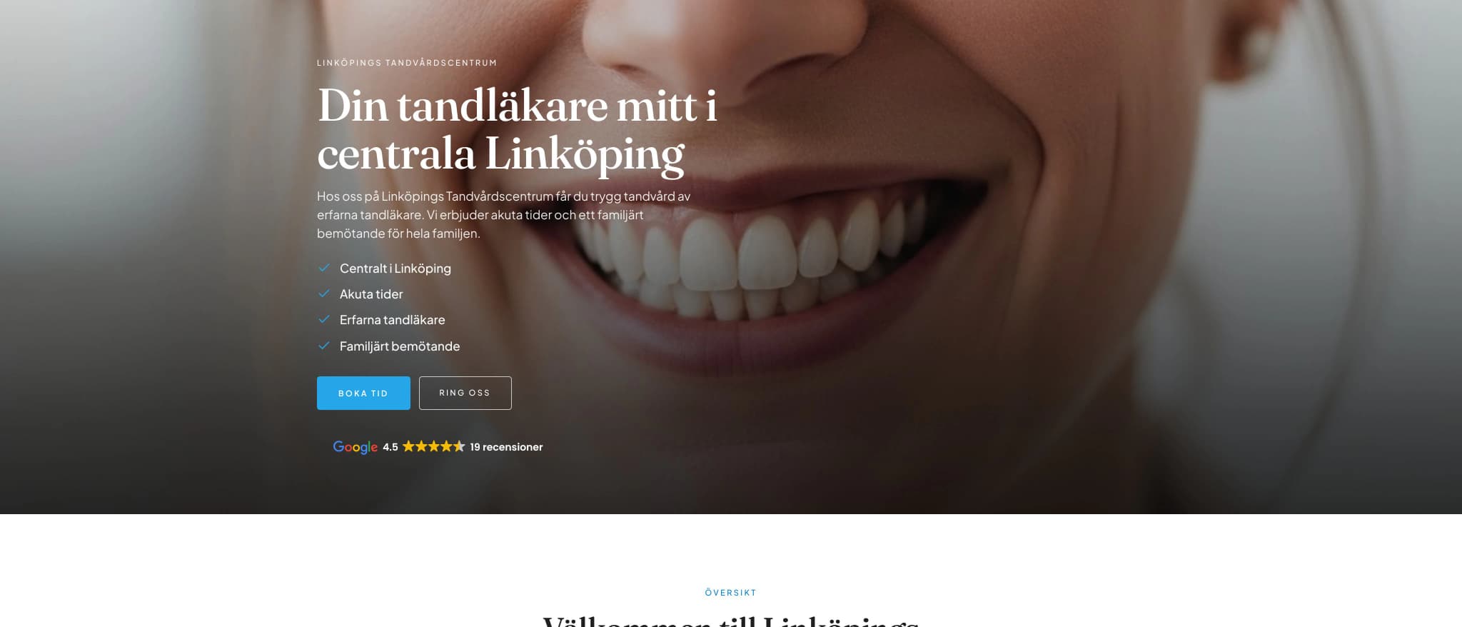 Skärmbild av webbplatsen för Linköpings Tandvårdscentrum