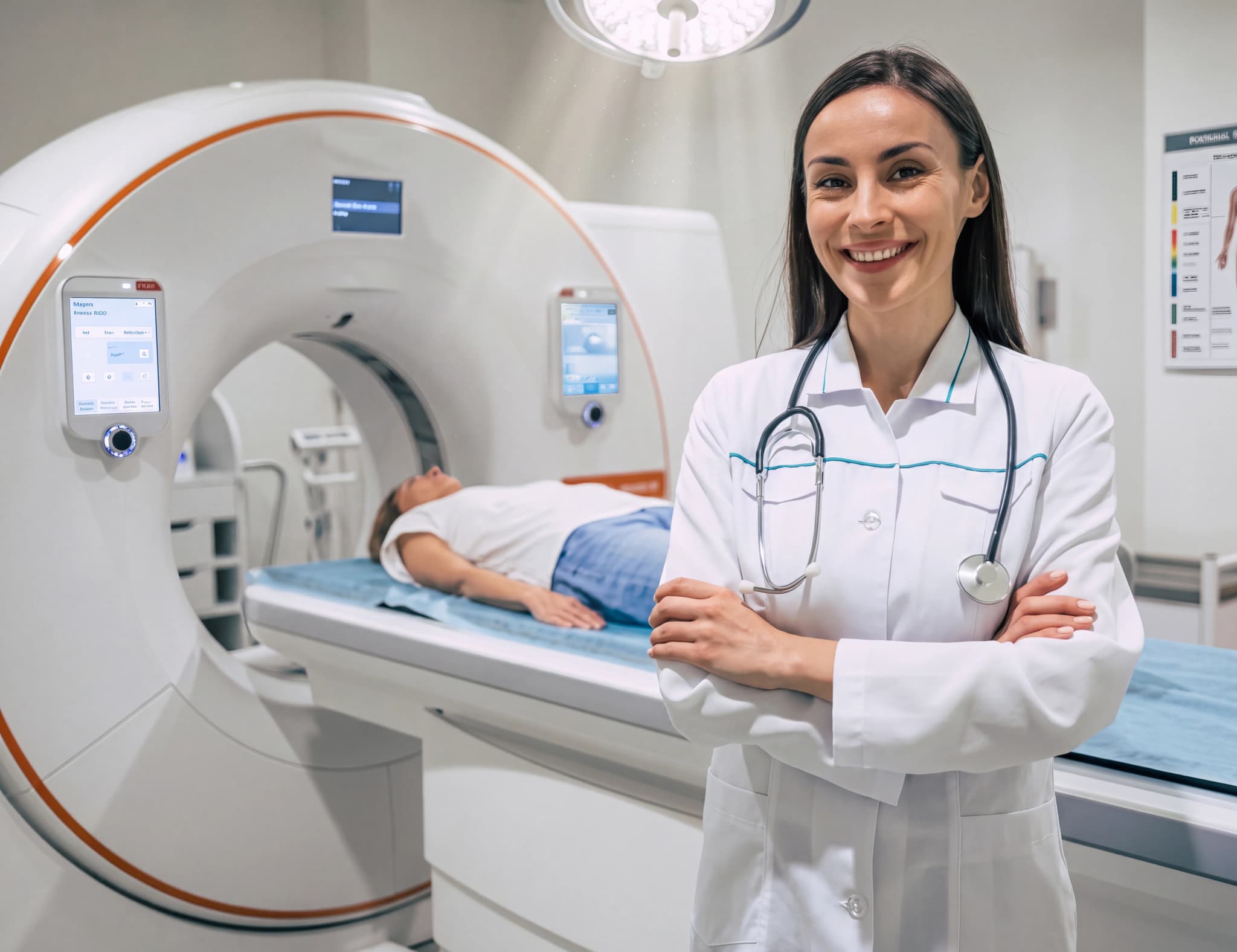 Radiolog med stetoskop ler mot kameran, medan en patient ligger på en brits framför en datortomograf.