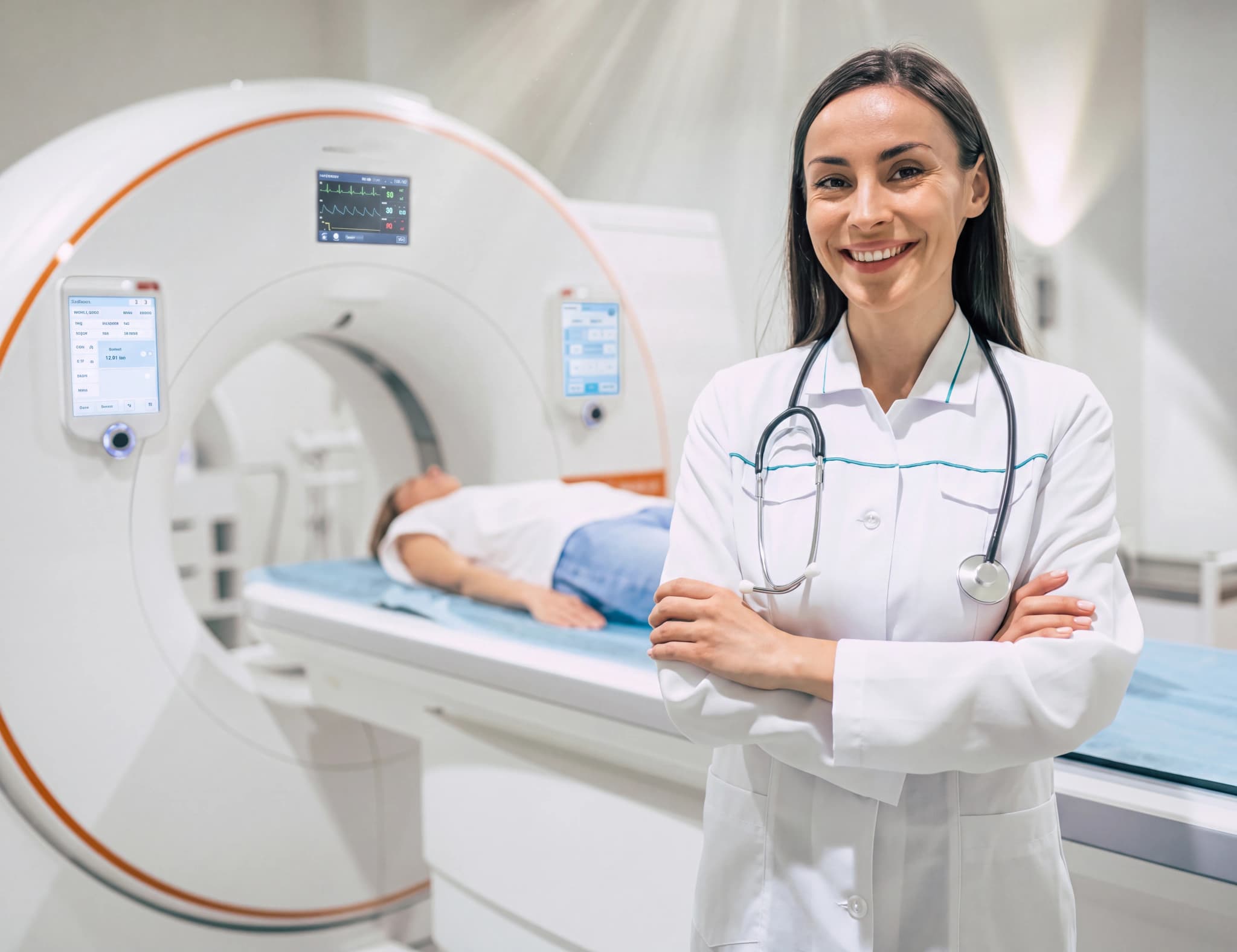 Läkare med armarna i kors framför en CT-skanner med en patient på britsen bakom.