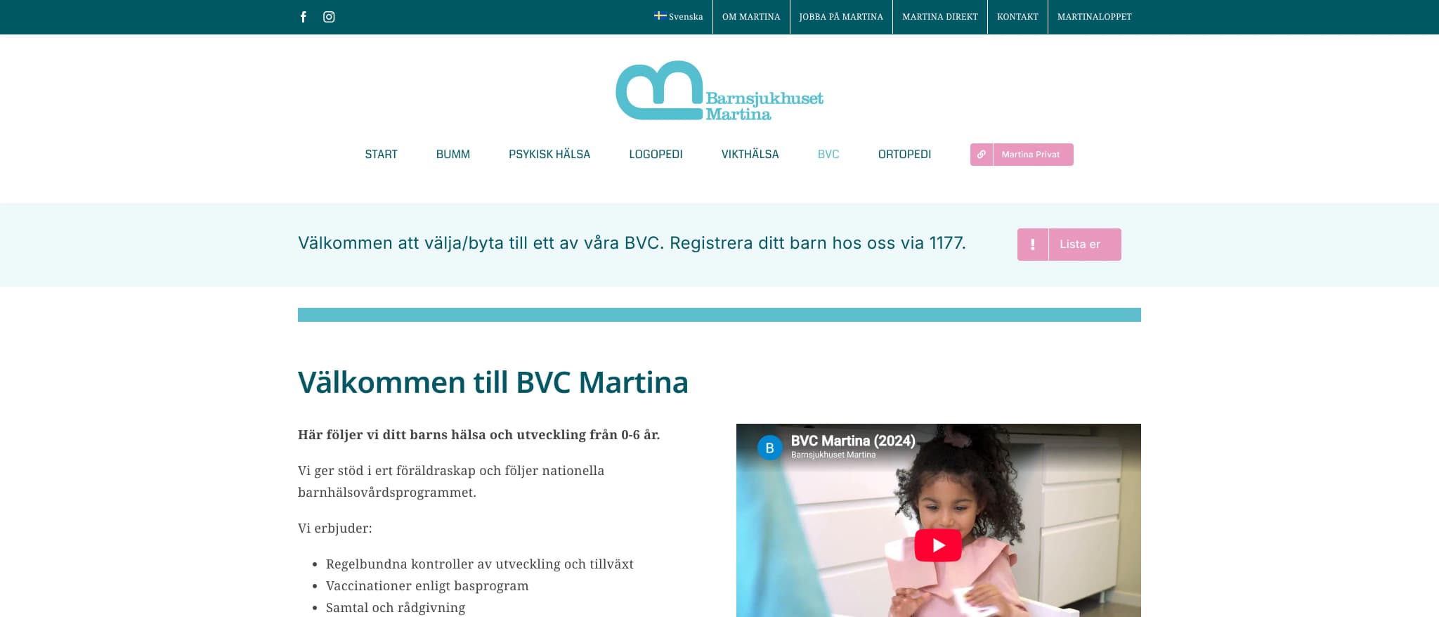 Skärmbild av webbplatsen för Martina BVC Lidingö