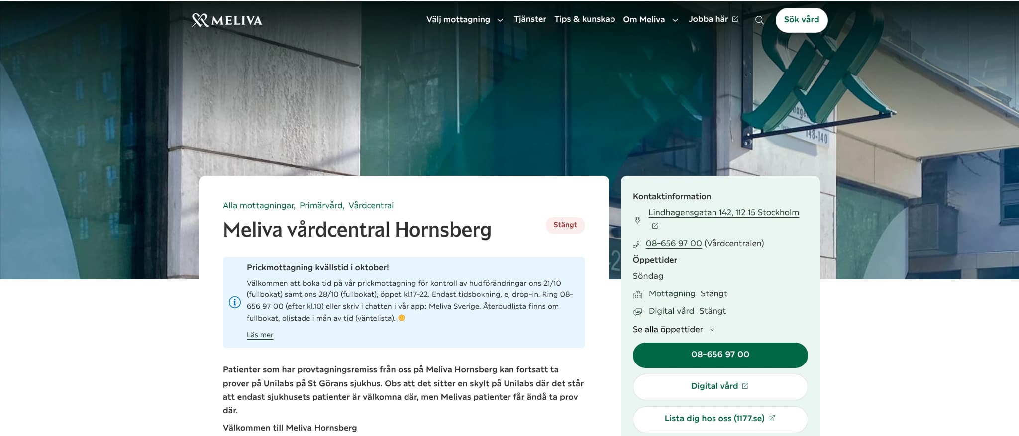 Skärmbild av webbplatsen för Meliva vårdcentral Hornsberg