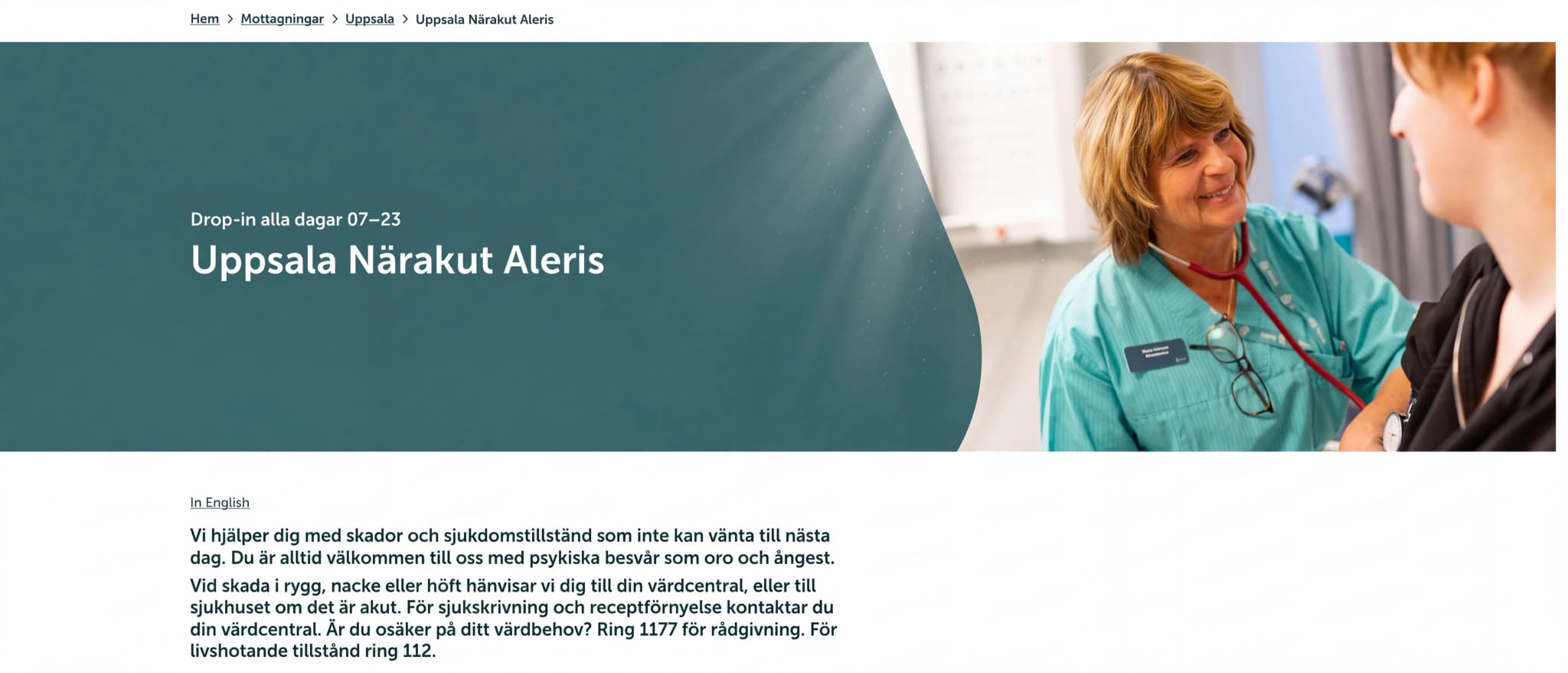 Skärmbild av webbplatsen för Uppsala Närakut Aleris