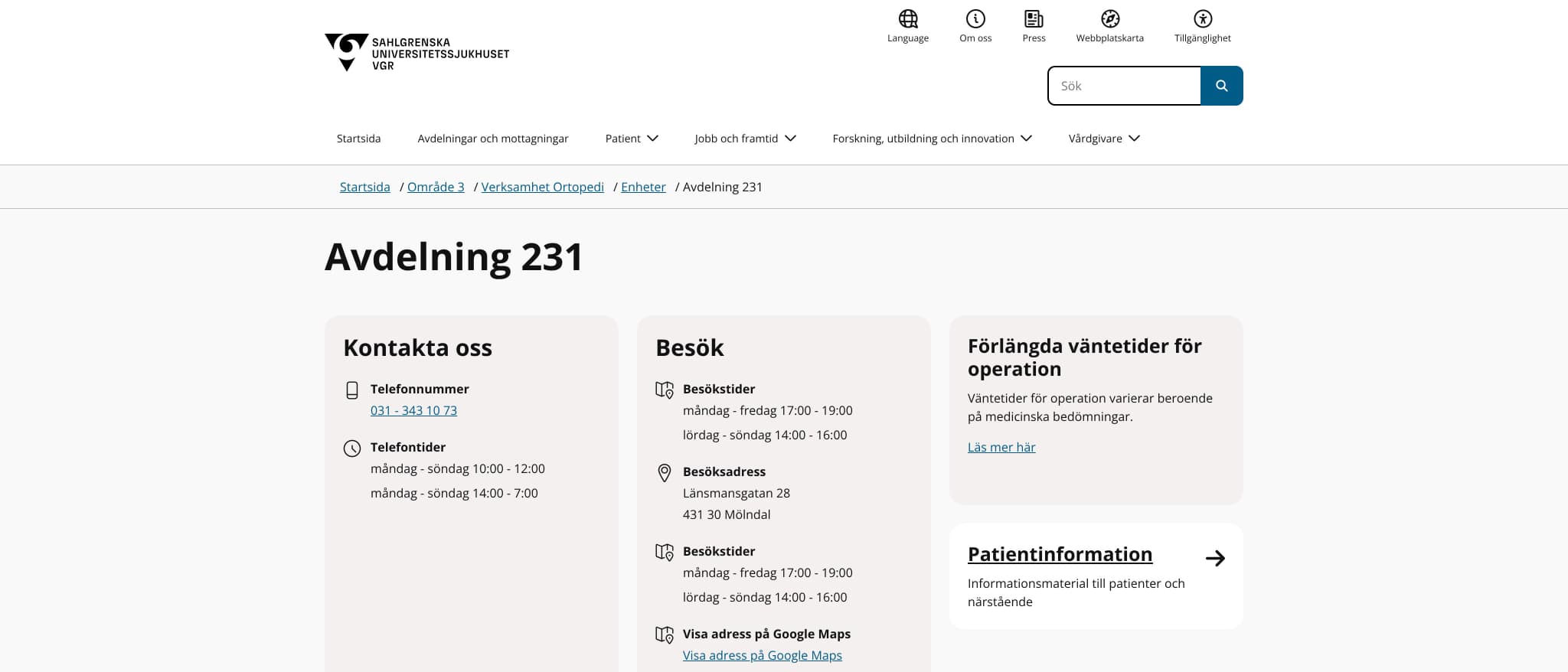 Skärmbild av webbplatsen för Avdelning 231, Mölndal