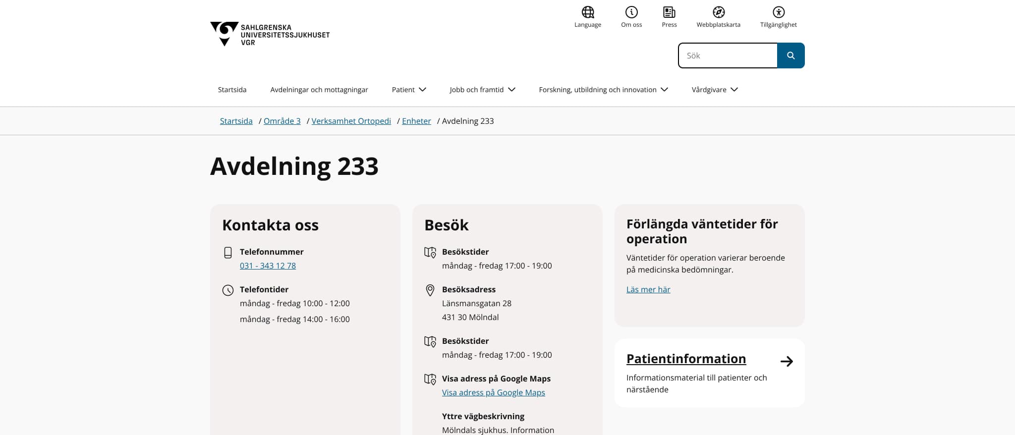 Skärmbild av webbplatsen för Avdelning 233, Mölndal