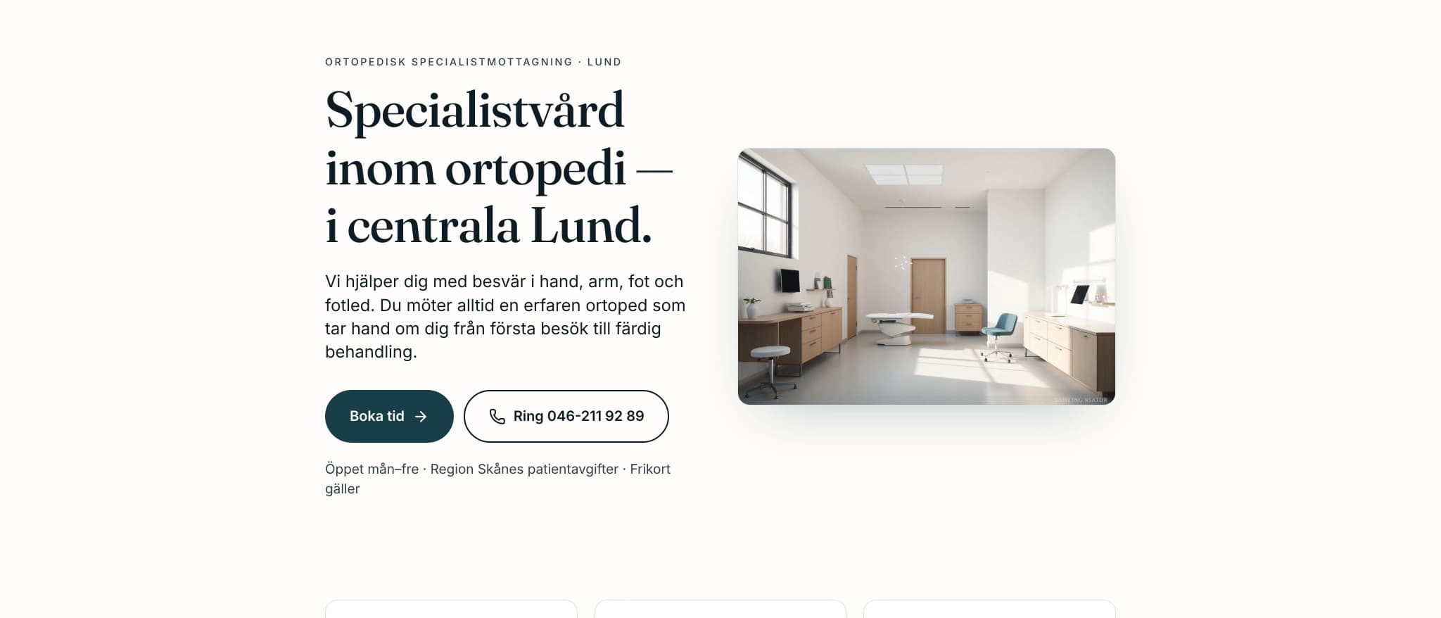 Skärmbild av webbplatsen för Ortopedicentrum Lund
