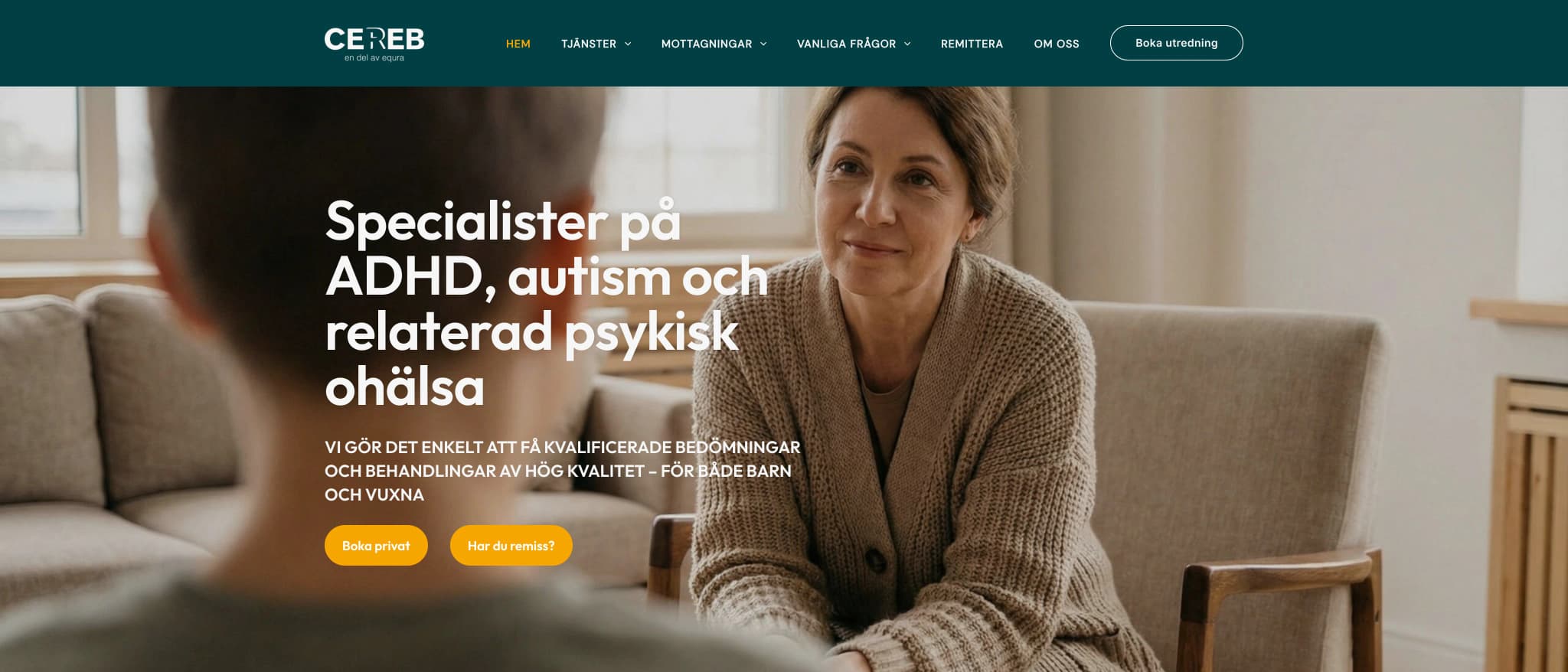 Skärmbild av webbplatsen för Cereb Helsingborg