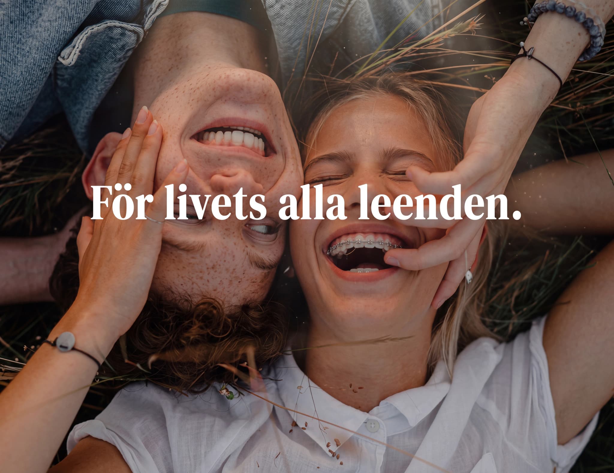 Ungt par som skrattar tillsammans utomhus bland gräs och strån.