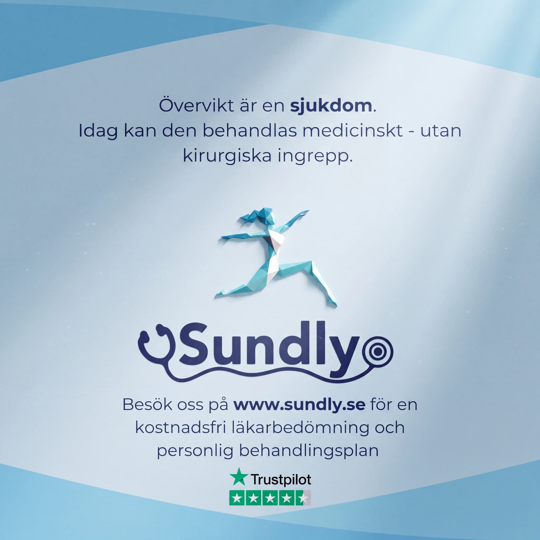 Logotyp för Sundly med en stiliserad figur i rörelse, omgiven av text om övervikt som sjukdom och behandling. Nedanför syns Trustpilot-betyg.