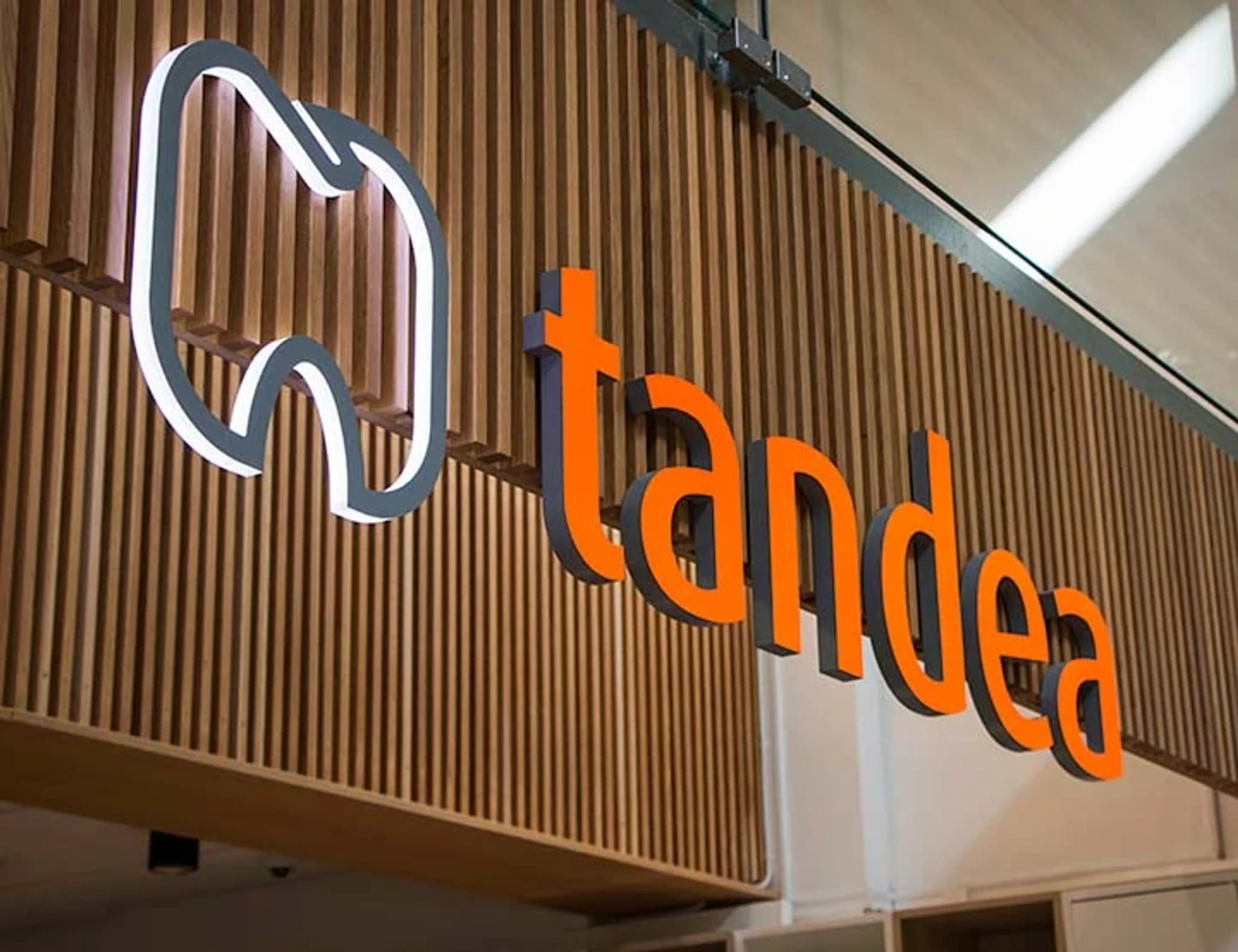 Tandéa logotyp med en ikon som representerar en tand, placerad på en trävägg.
