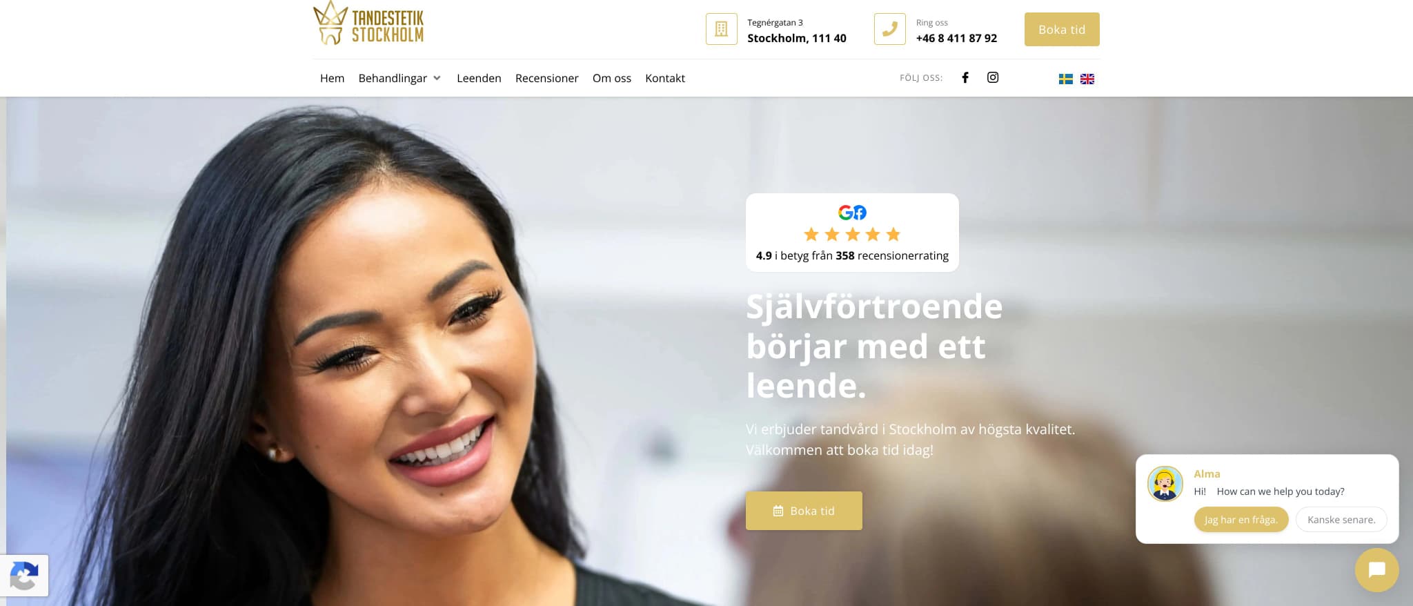 Skärmbild av webbplatsen för Tandestetik Stockholm