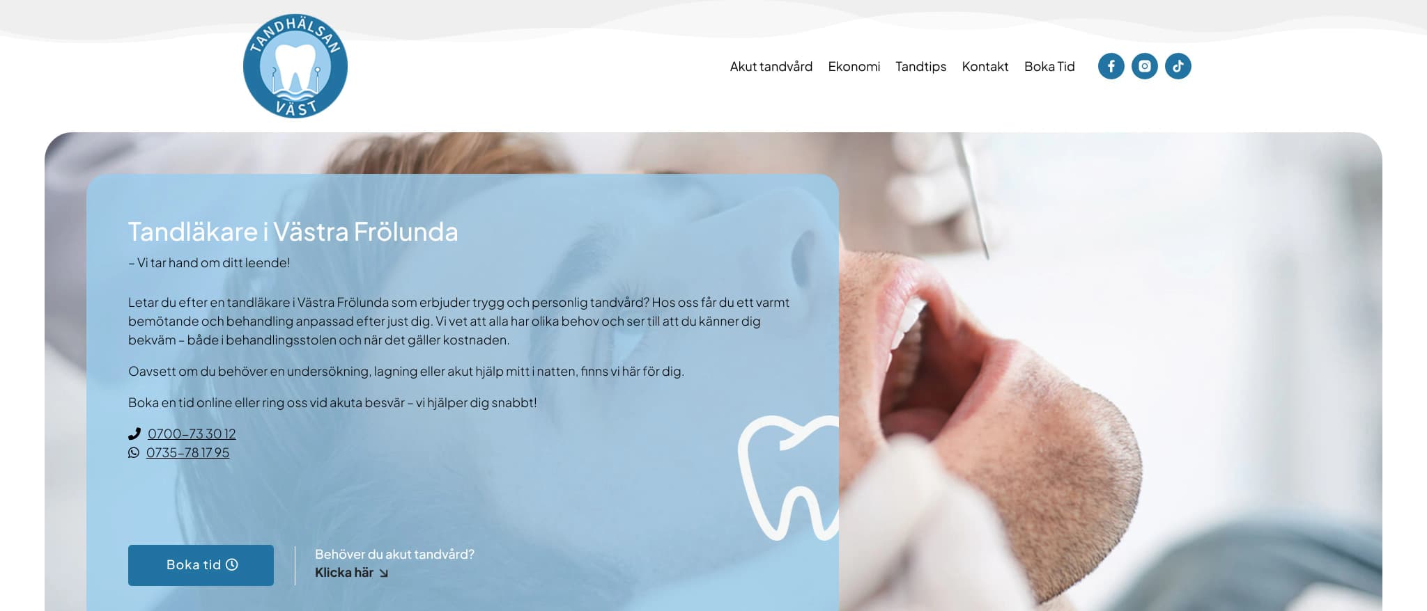 Skärmbild av webbplatsen för Tandhälsan Väst