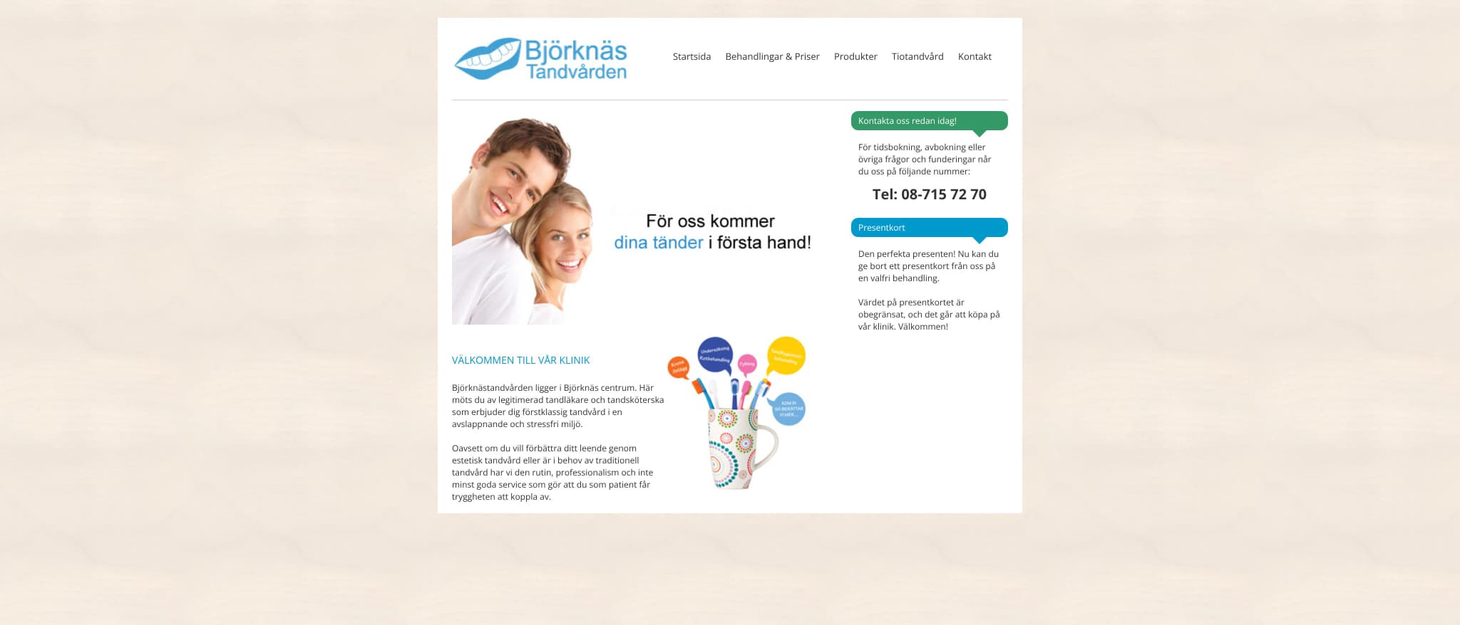 Skärmbild av webbplatsen för Björknäs Tandvården