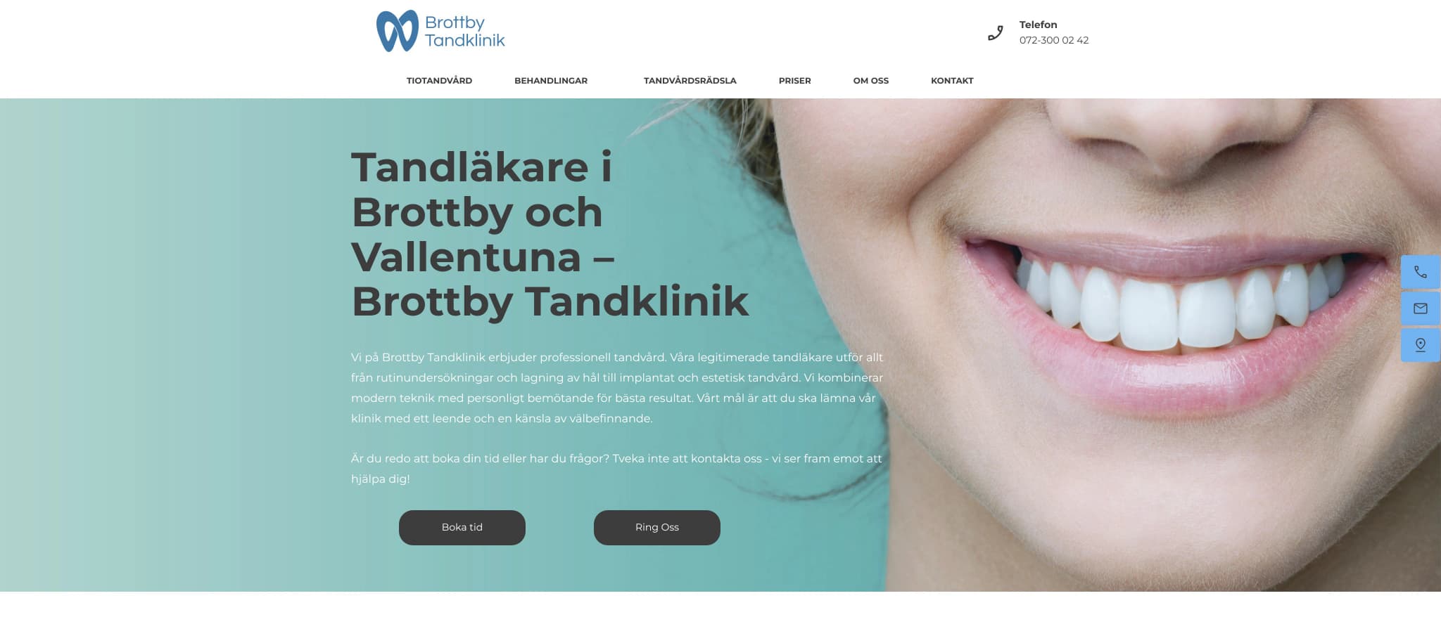 Skärmbild av webbplatsen för Brottby Tandklinik