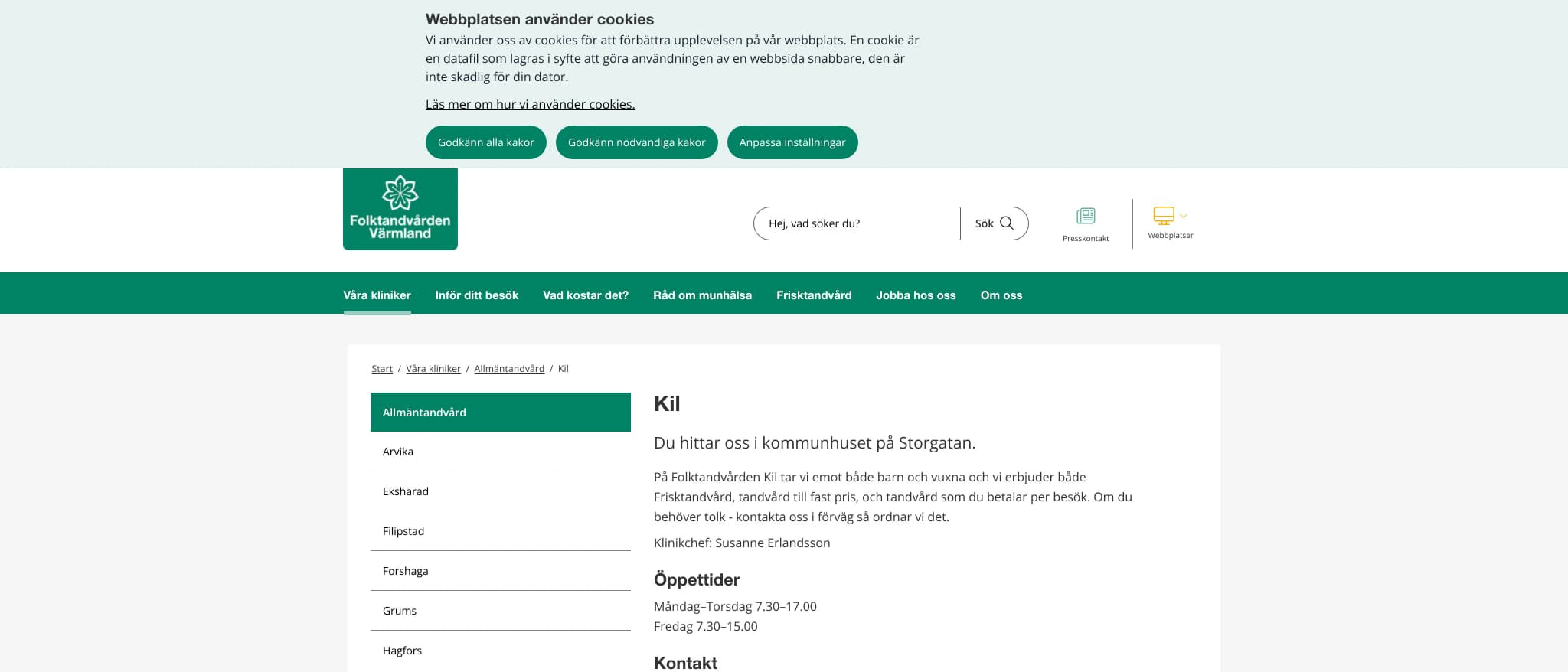 Skärmbild av webbplatsen för Folktandvården Kil