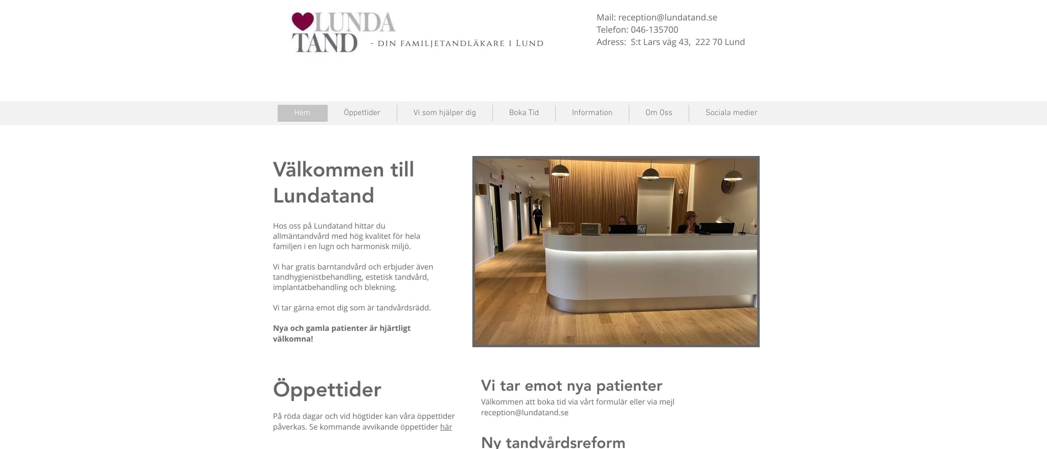 Skärmbild av webbplatsen för Lunda Tand AB, Lund