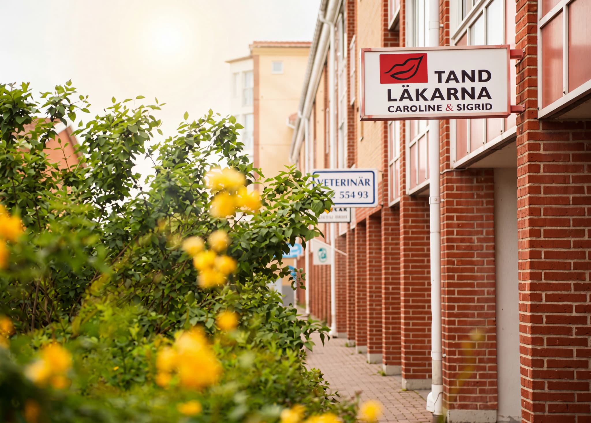 Tandläkarmottagningens skylt utanför en tegelbyggnad med grönska framför.