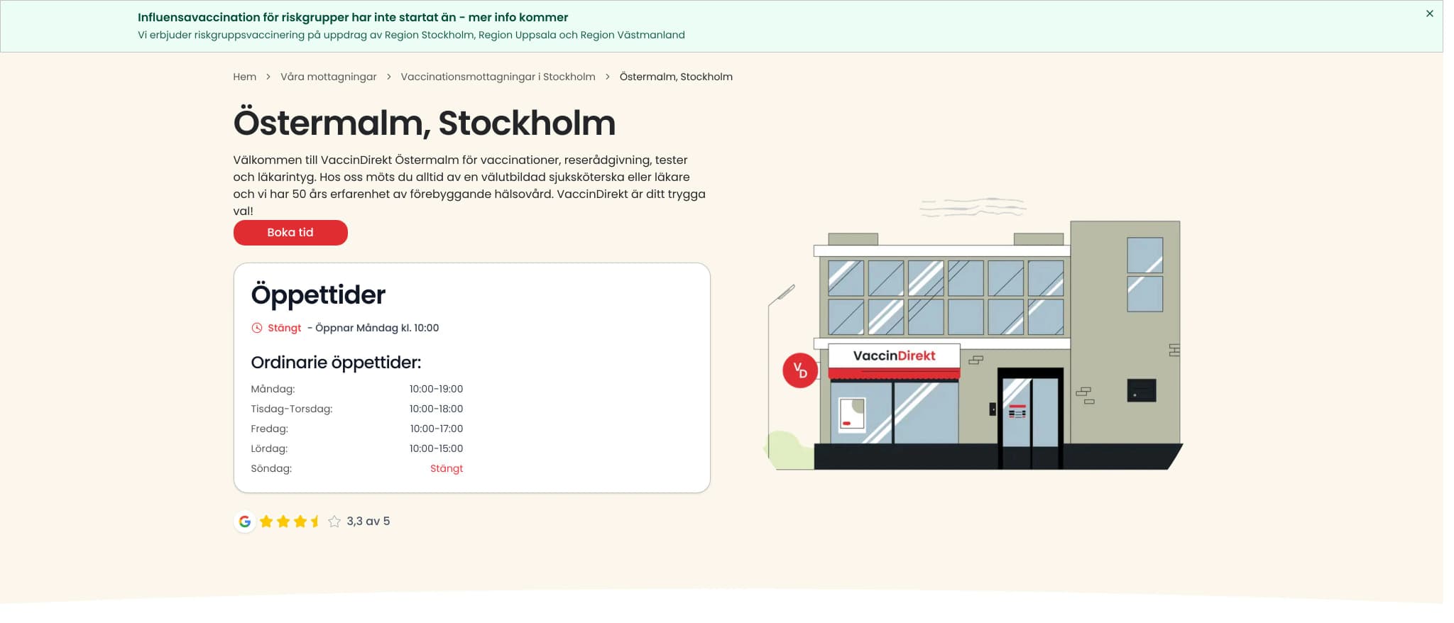 Skärmbild av webbplatsen för VaccinDirekt Östermalm