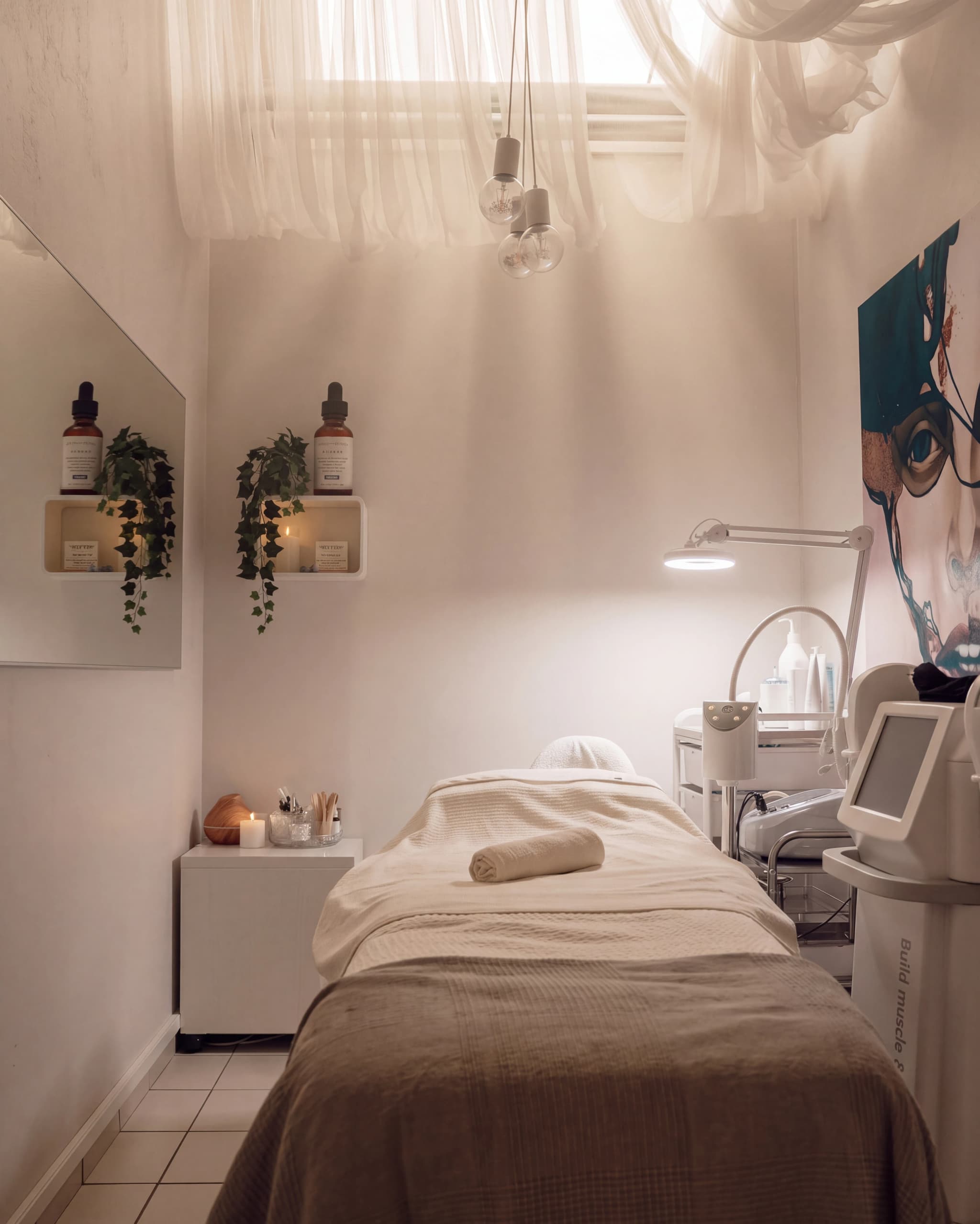 Ett behandlingsrum med en bädd för massage eller behandling, täckt med filtar och en handduk, samt medicinsk utrustning och en lampa i bakgrunden.