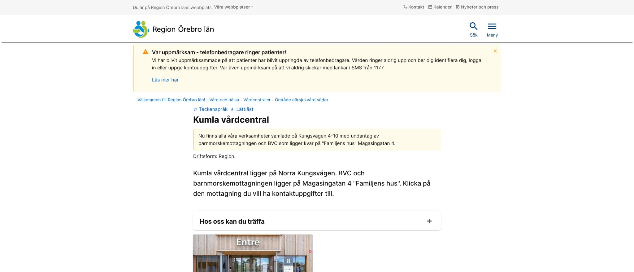 Skärmbild av webbplatsen för Kumla vårdcentral