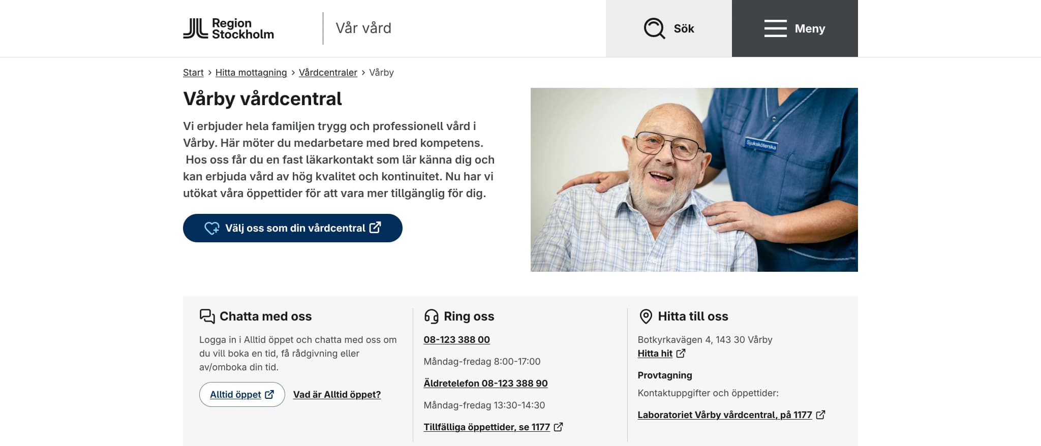 Skärmbild av webbplatsen för Vårby vårdcentral