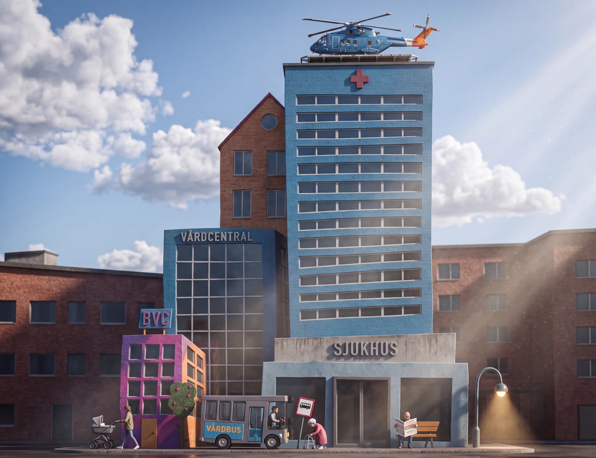 En illustration av ett sjukhuskomplex med en helikopter på taket, en vårdcentral, BVC och en buss.