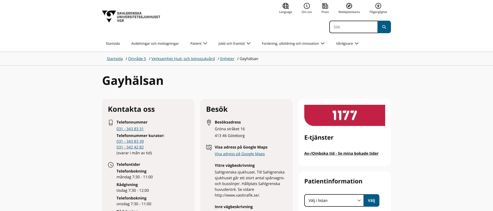 Skärmbild av webbplatsen för Gayhälsan, Göteborg