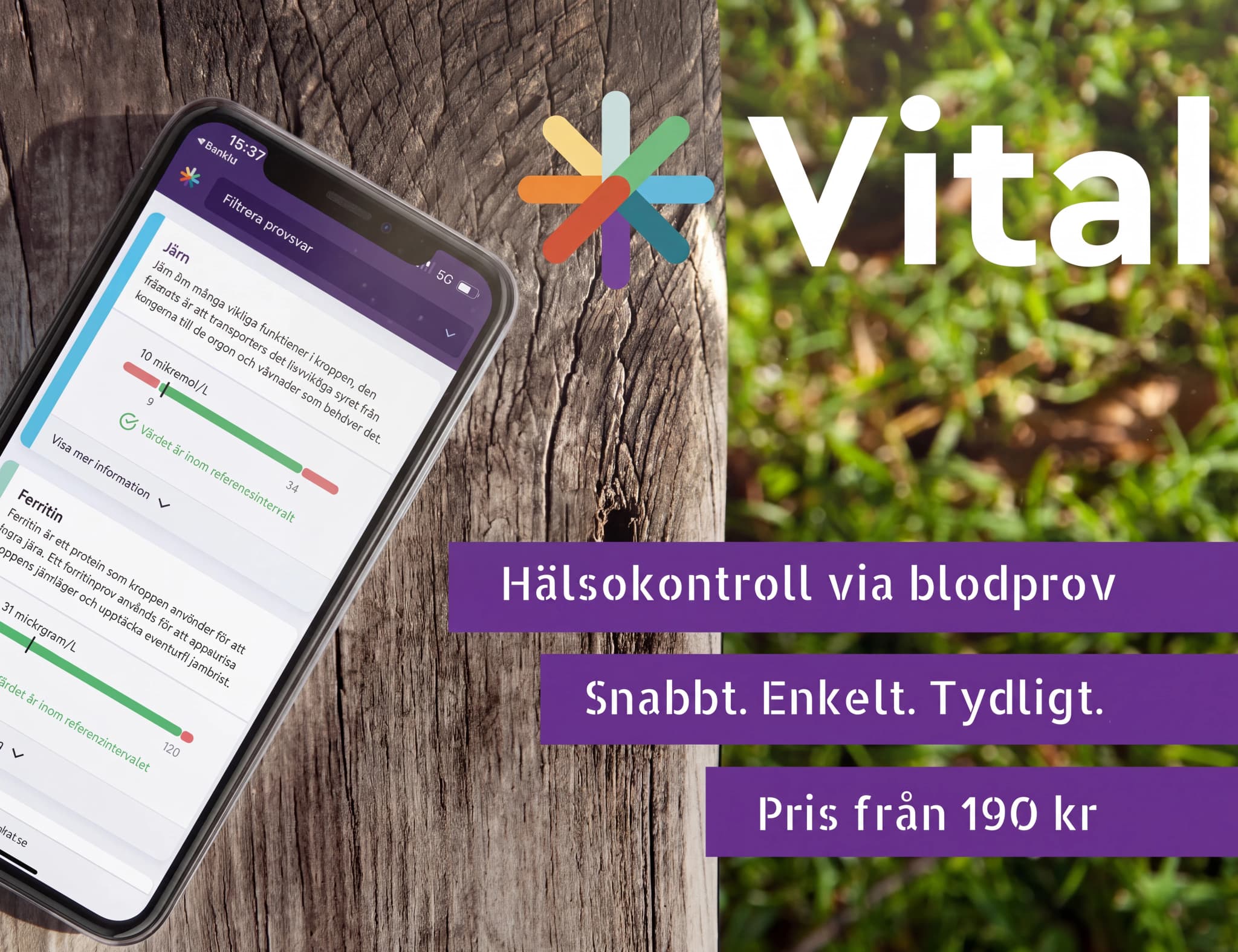 En mobiltelefon med en app som visar blodprovsresultat för järn och ferritin, placerad på ett träunderlag med en suddig bakgrund av grönt gräs. Texten "Hälsokontroll via blodprov" och "Pris från 190 kr" syns på bilden.