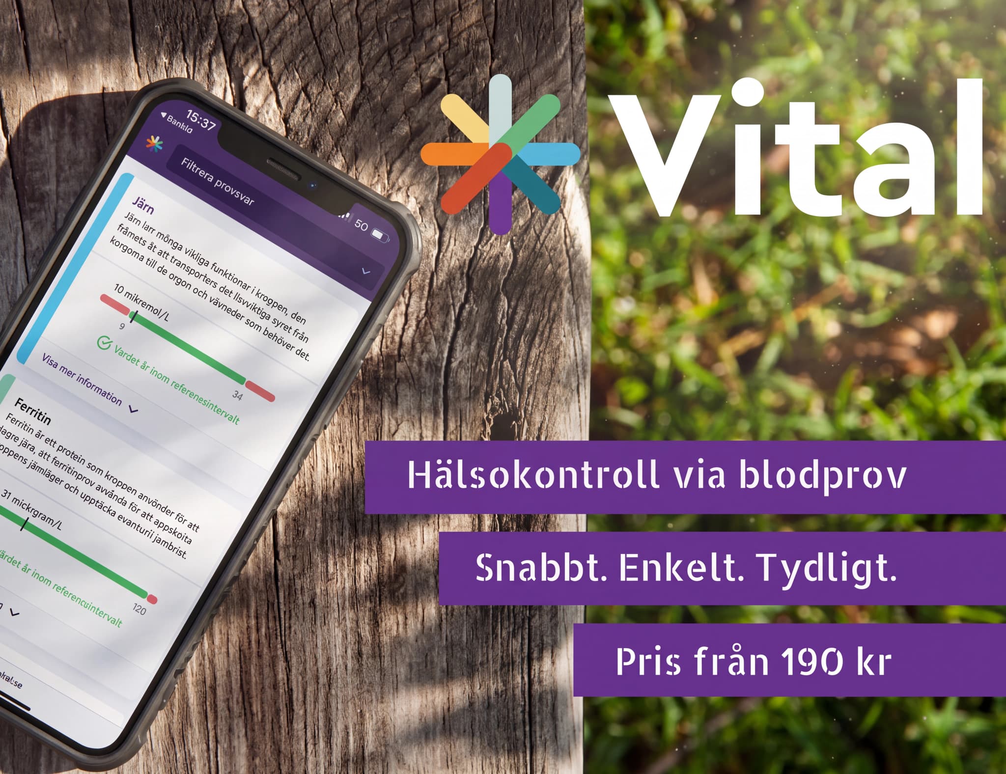 En smartphone som visar en hälsoapp med blodprovsresultat som järn och ferritin, placerad på ett träbord bredvid en logotyp och text om hälsokontroll.