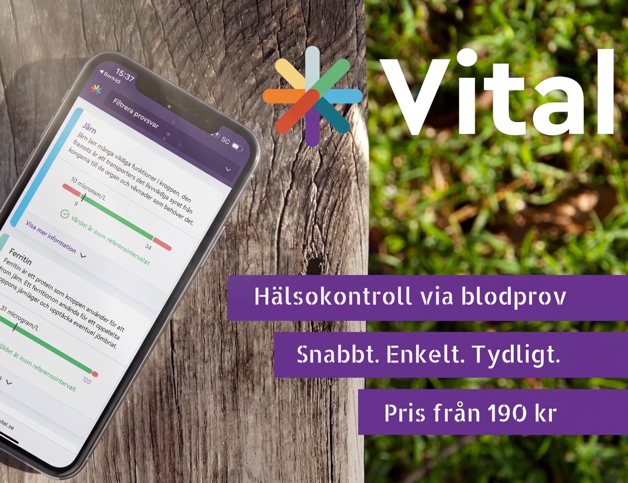 En smartphone som visar en hälsokontroll-app med resultat för järn och ferritin, placerad på ett träbord.